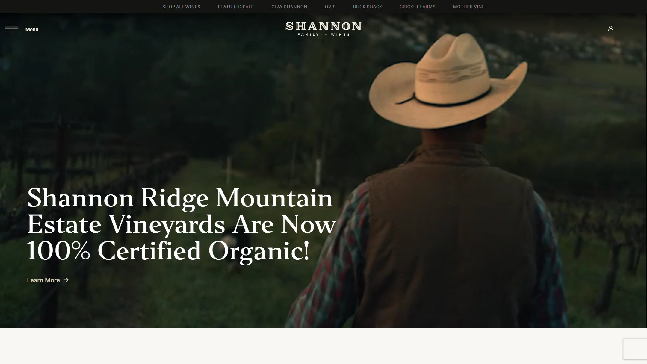 The Shannon home page in March 2025: a rancher in a hat over the vineyards and an organic certification headline