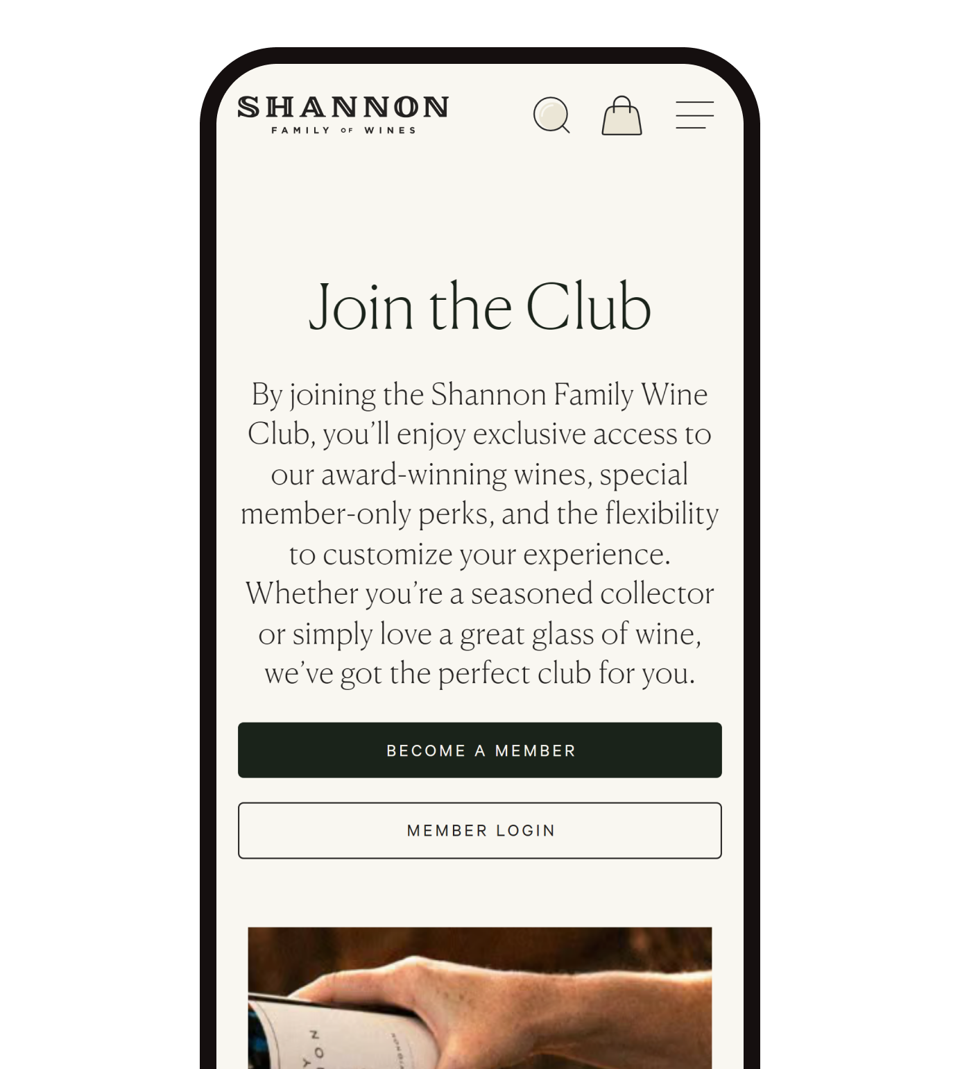 The Shannon Family of Wines Join the Club page on a phone