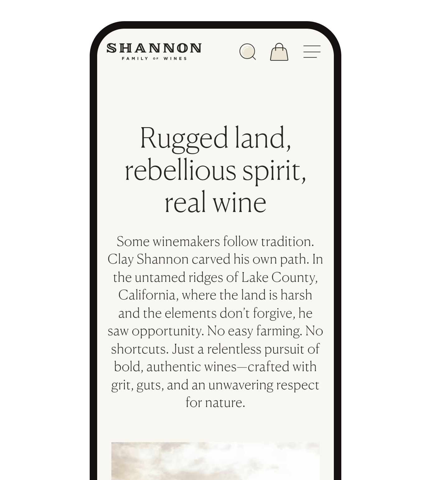 The Shannon Family of Wines home page on a phone