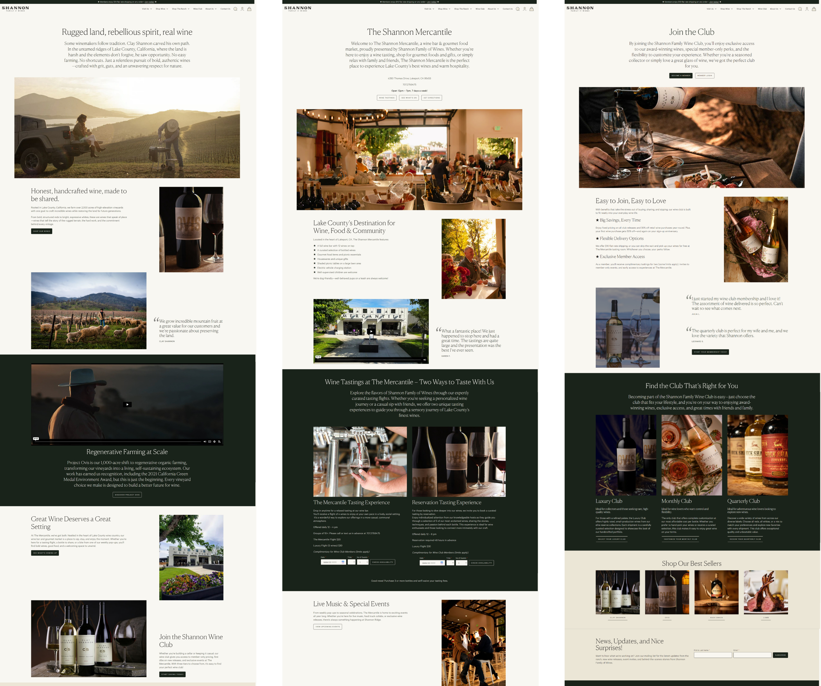 Three Shannon Family of Wines pages: home, The Shannon Mercantile and the wine club