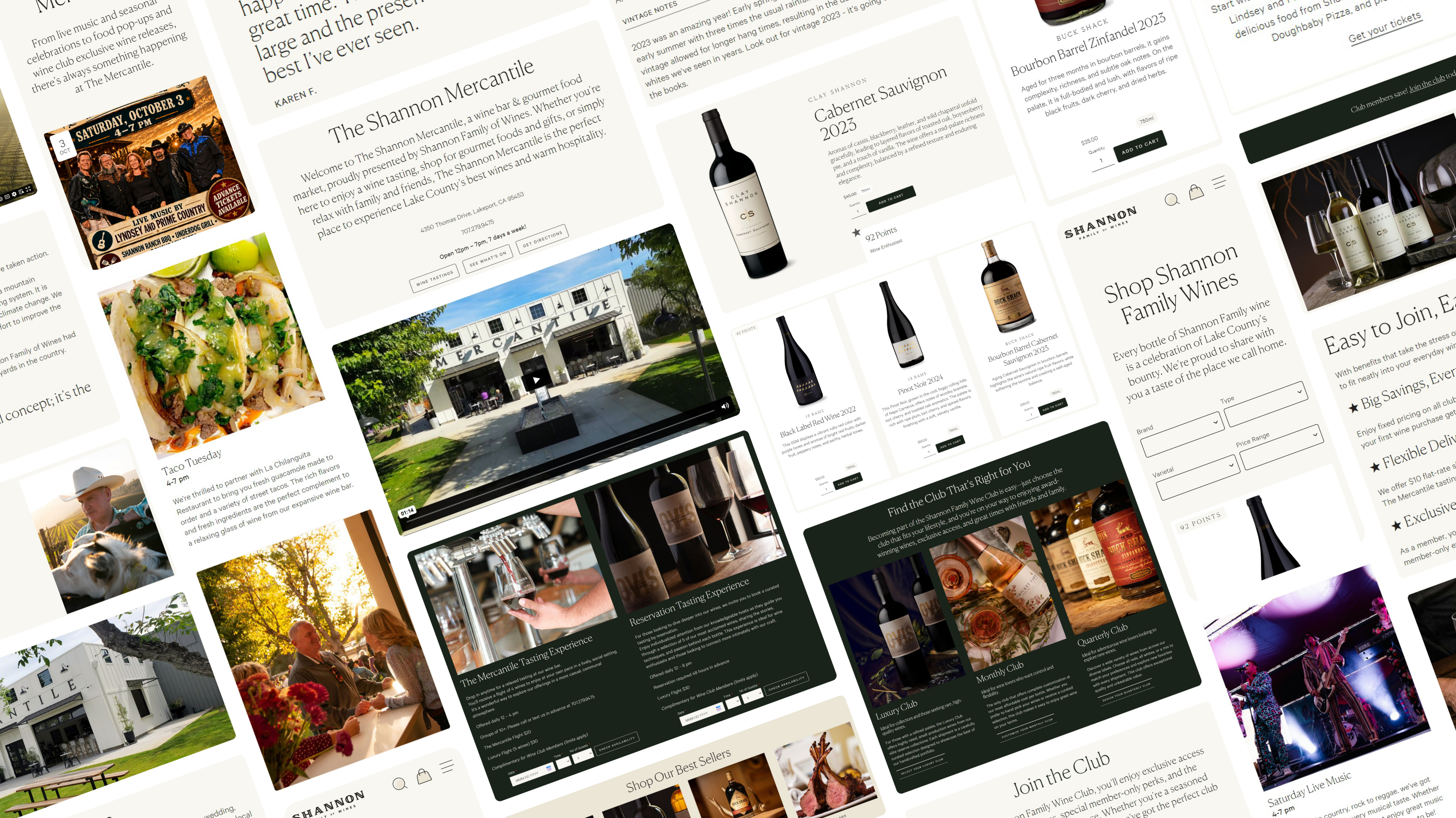 Pieces of the Shannon Family of Wines website and phone screens, from The Mercantile’s tastings to the shop and the three wine clubs
