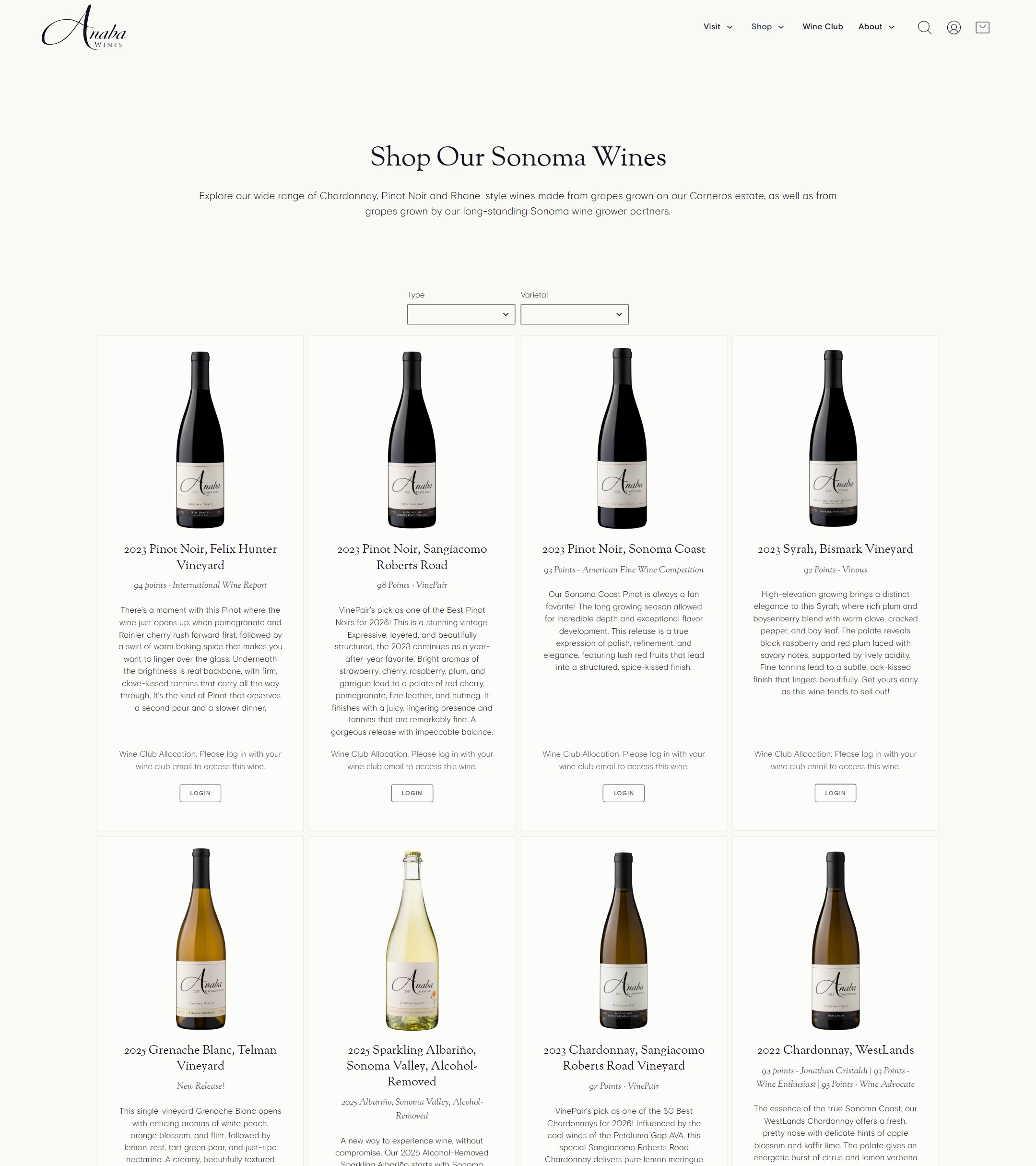The Anaba Wines shop now: Shop Our Sonoma Wines, with type and varietal filters over the wines