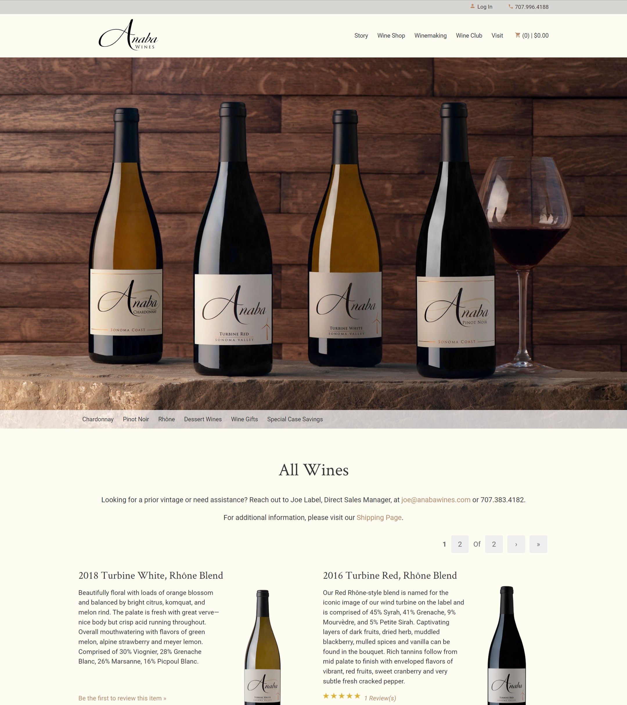 The Anaba Wines shop on WineDirect: four bottles on a wooden shelf over the All Wines list