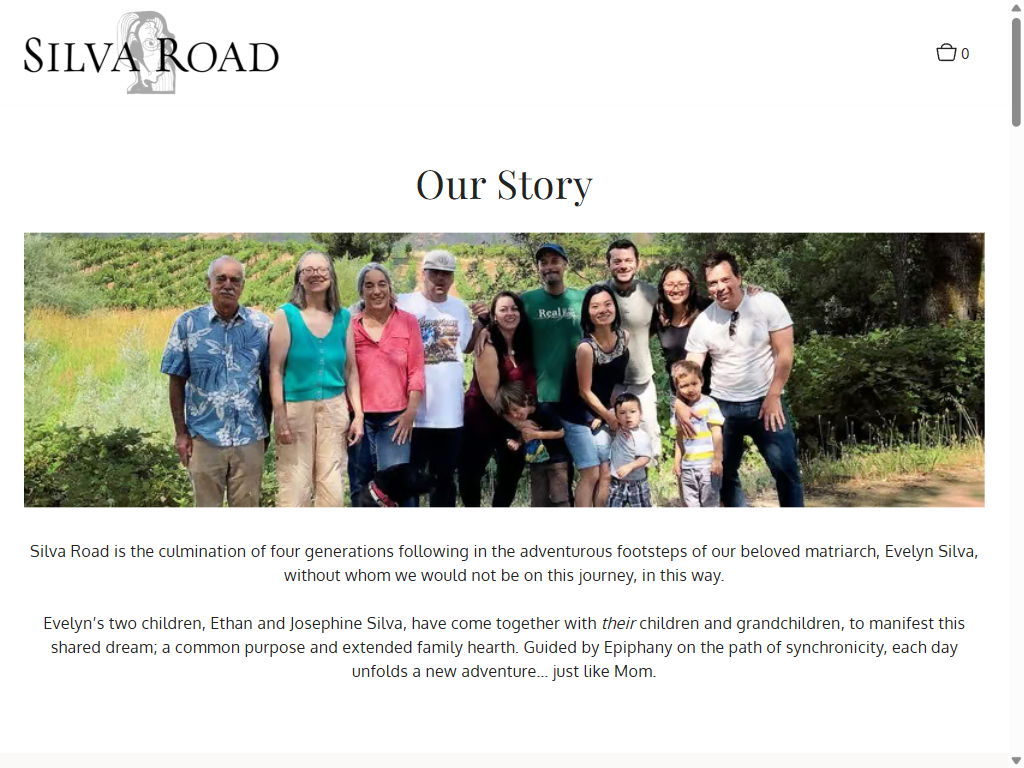 The Our Story page on a tablet: a large family group photographed in the vineyard, above the story of four generations behind Silva Road.