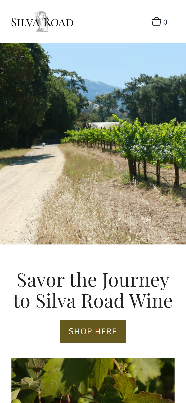 The Silva Road home page on a phone: the vineyard road above the "Savor the Journey" heading and a Shop Here button.