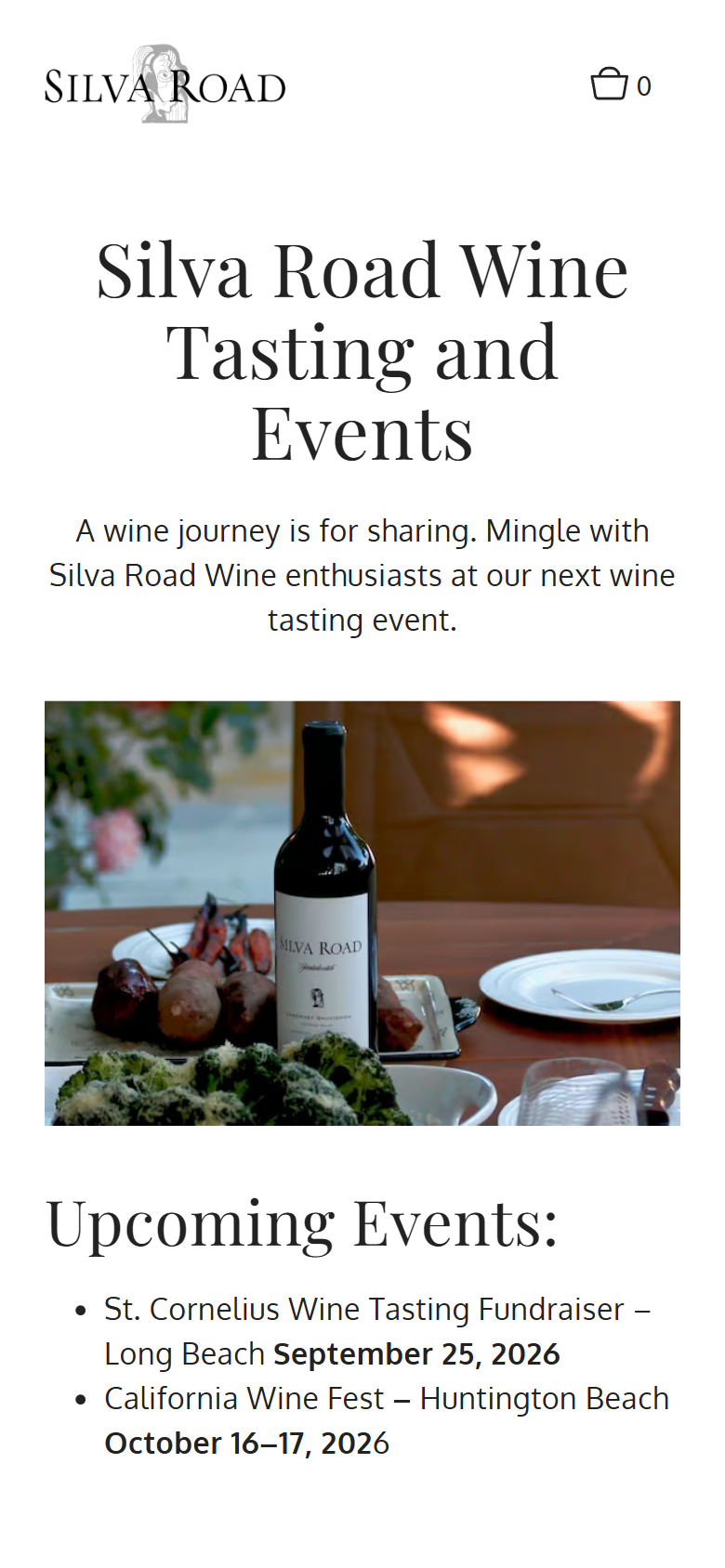 The tasting and events page on a phone, with a bottle at a dinner table above the list of upcoming events.