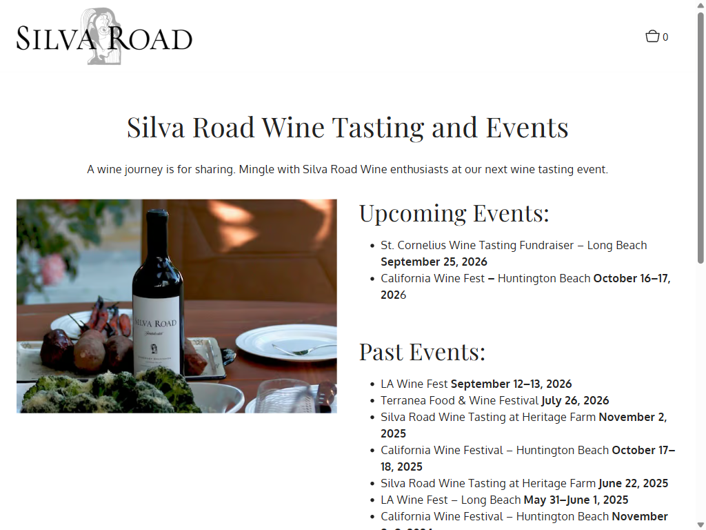 The Silva Road Wine Tasting and Events page on a tablet: a bottle on a set dinner table beside lists of upcoming and past wine festivals and tastings.