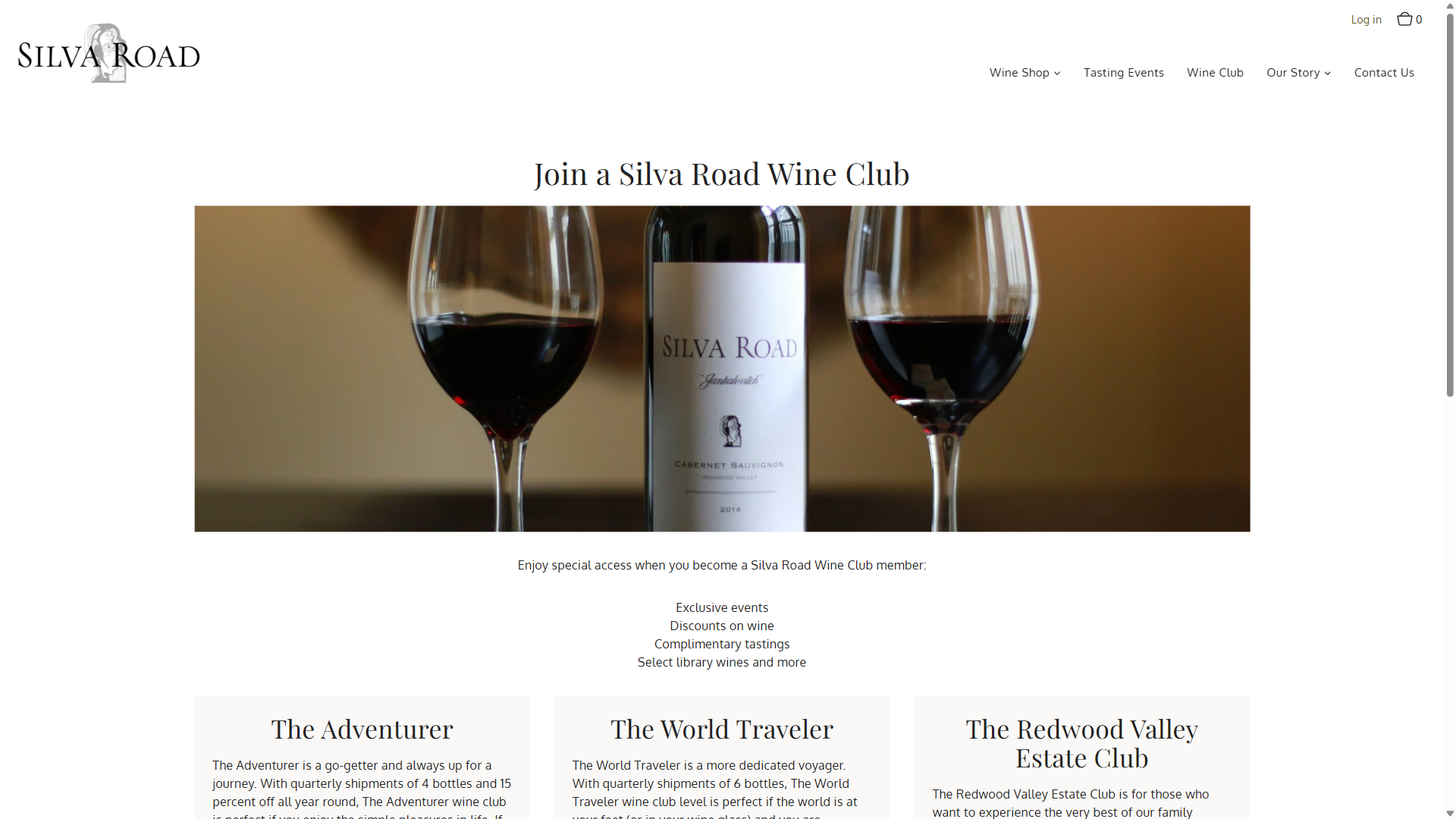 The Silva Road wine club page on desktop: a bottle between two glasses of red wine under "Join a Silva Road Wine Club", above The Adventurer, The World Traveler and The Redwood Valley Estate Club.