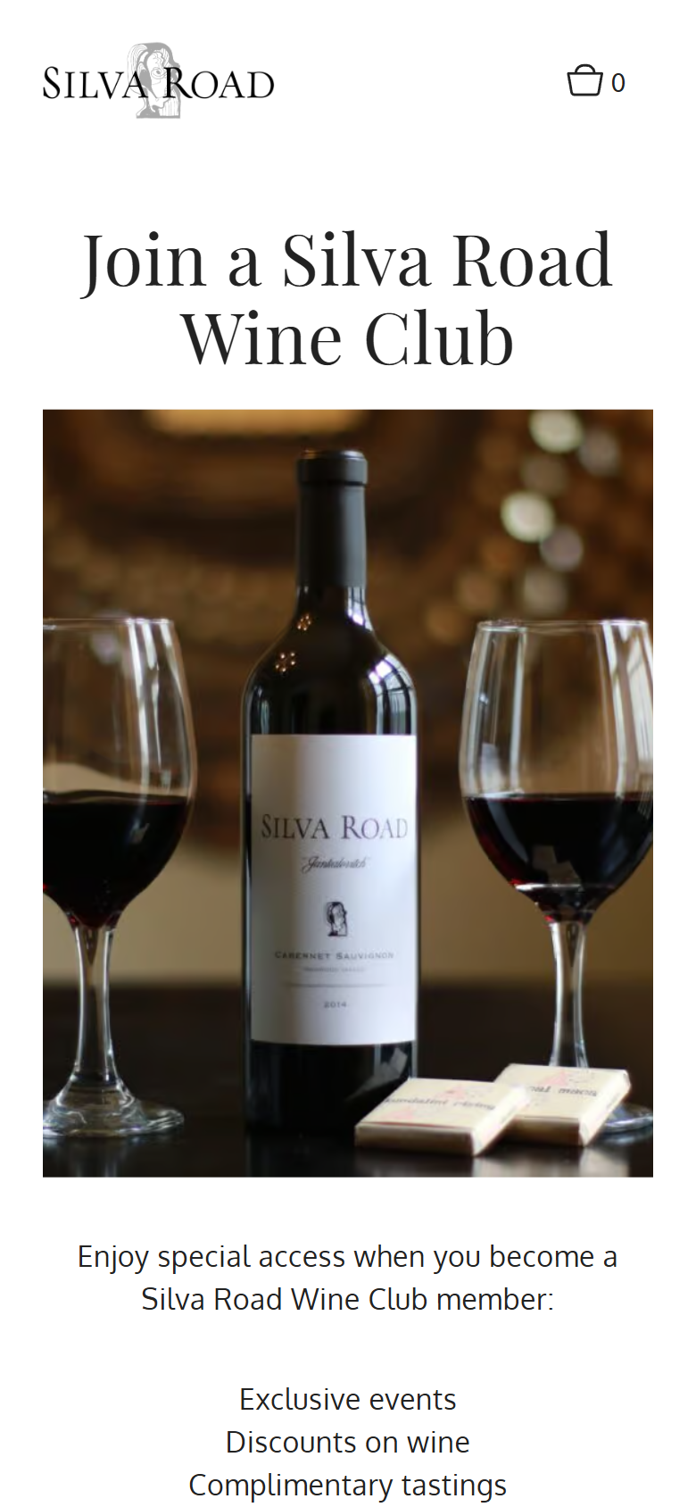 The wine club page on a phone: a bottle and glasses of red wine under "Join a Silva Road Wine Club", above the member benefits.