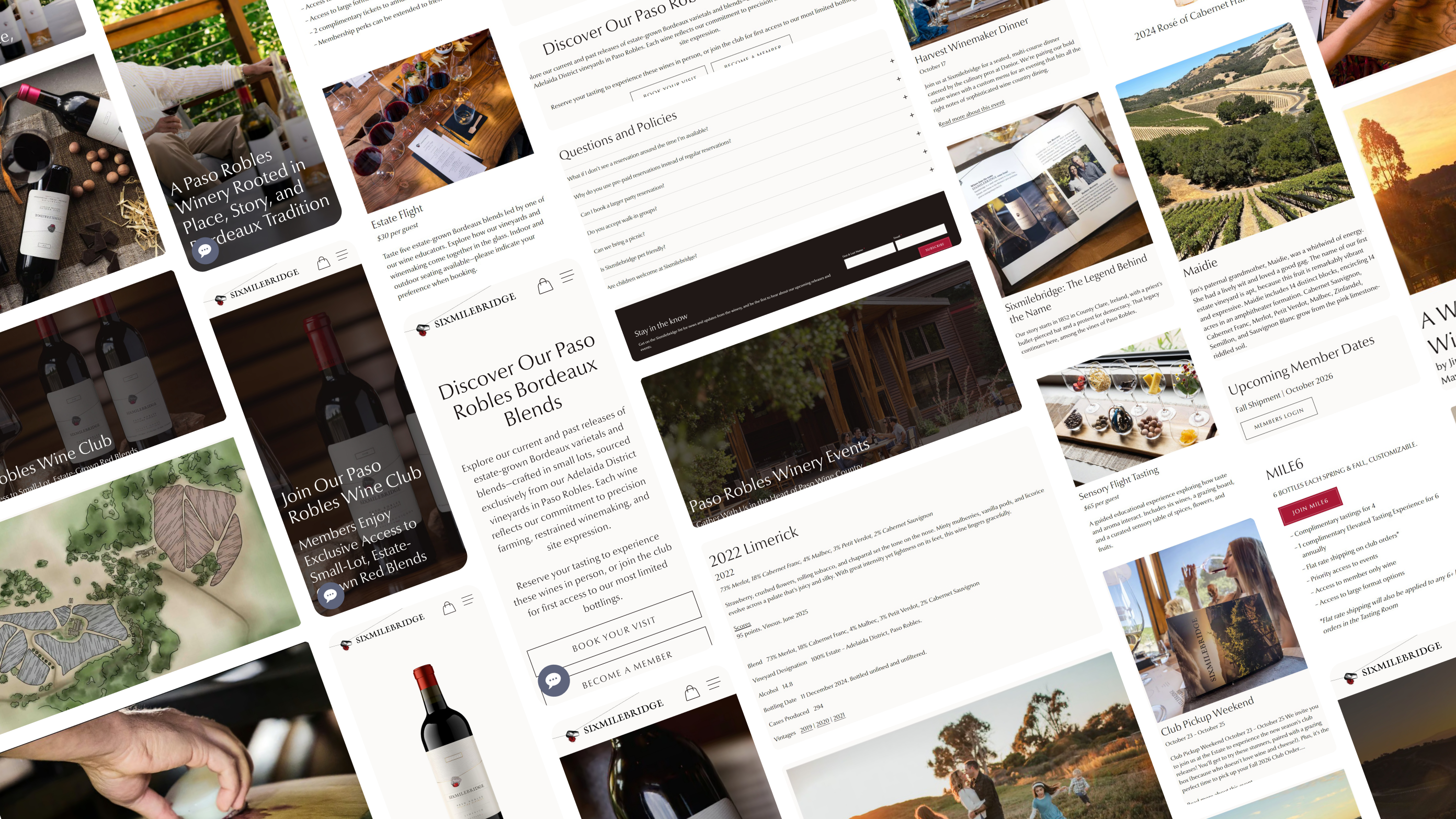 Pieces of the Sixmilebridge website and phone screens, from tasting experiences to club tiers