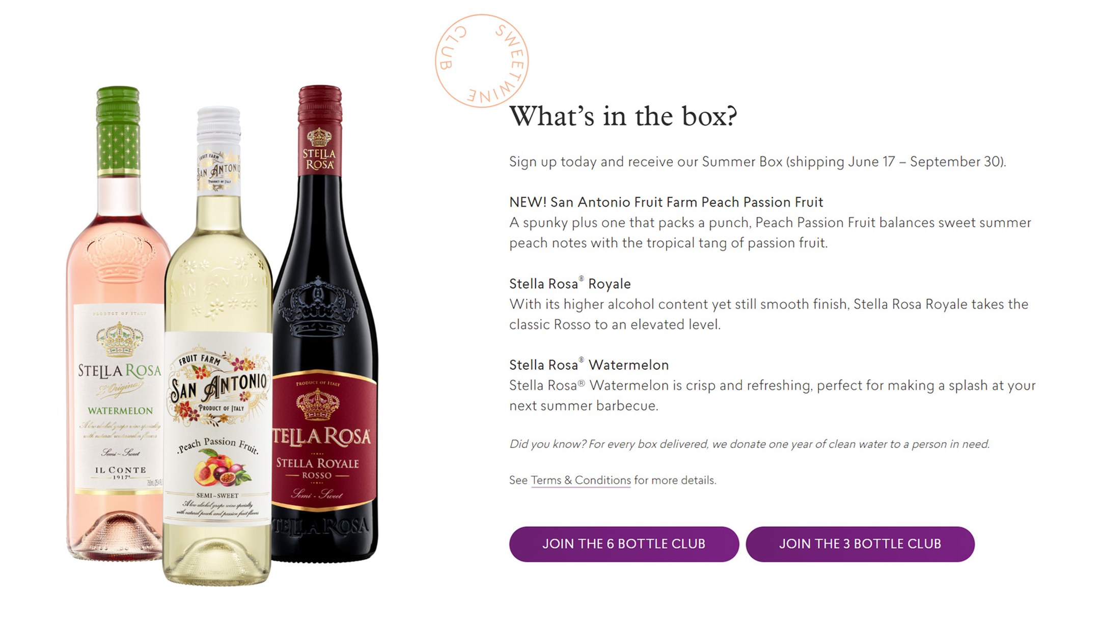 What’s in the box on the Sweet Wine Club site we designed, with buttons to join the six-bottle or three-bottle club