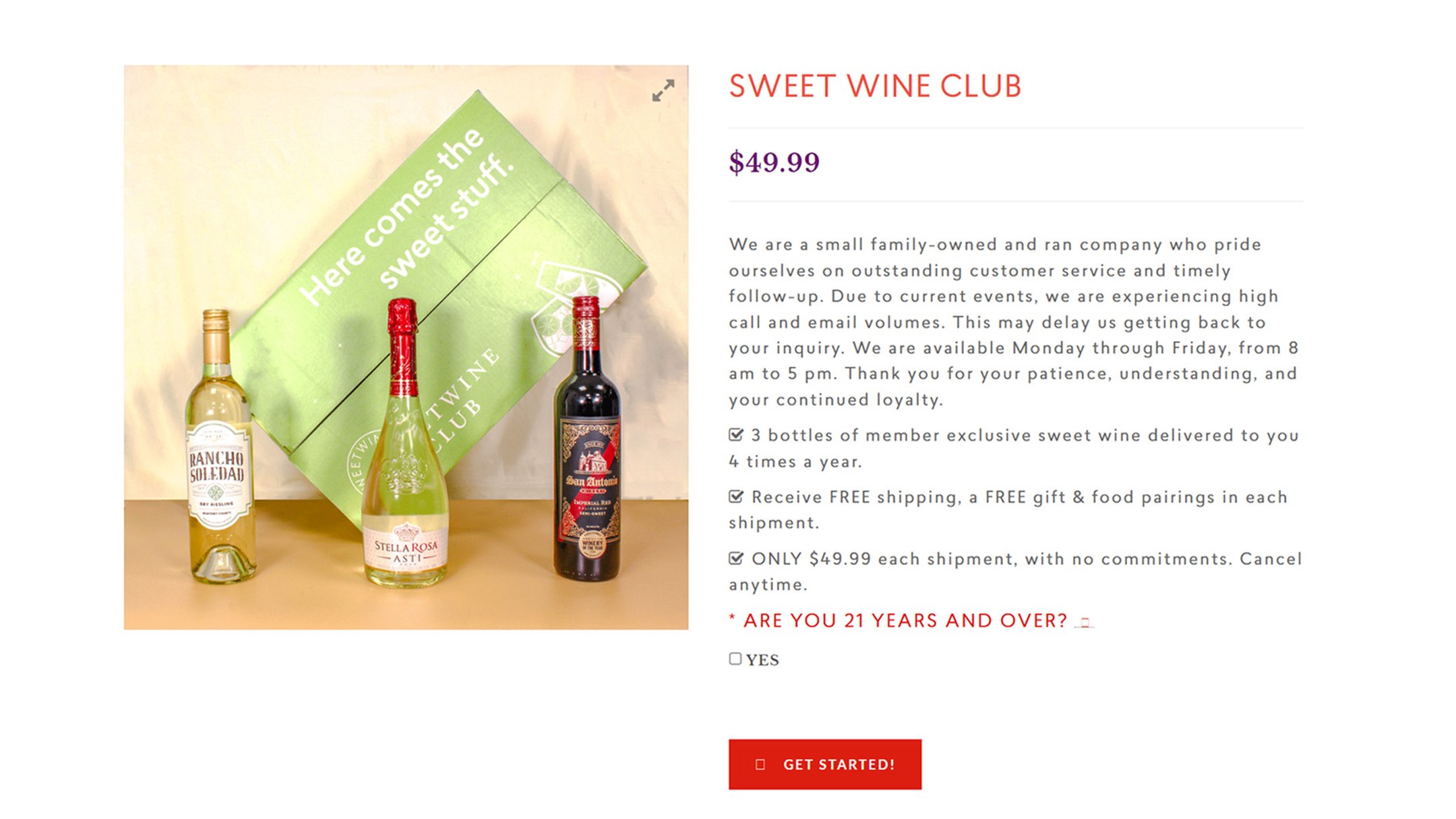 The old Sweet Wine Club sign-up page: one product listing at $49.99 with an age check