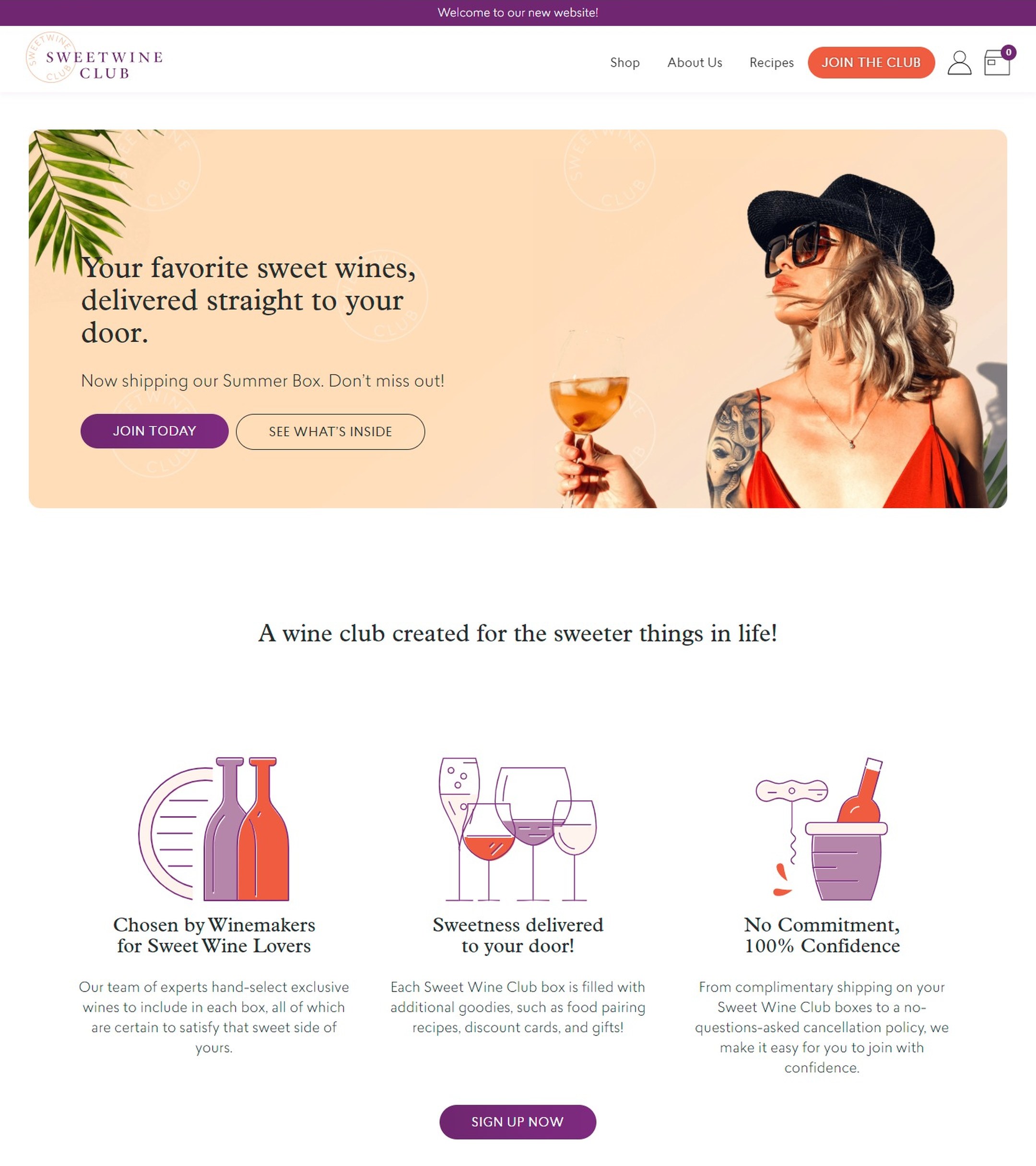 The Sweet Wine Club home page we designed: Your favorite sweet wines, delivered straight to your door