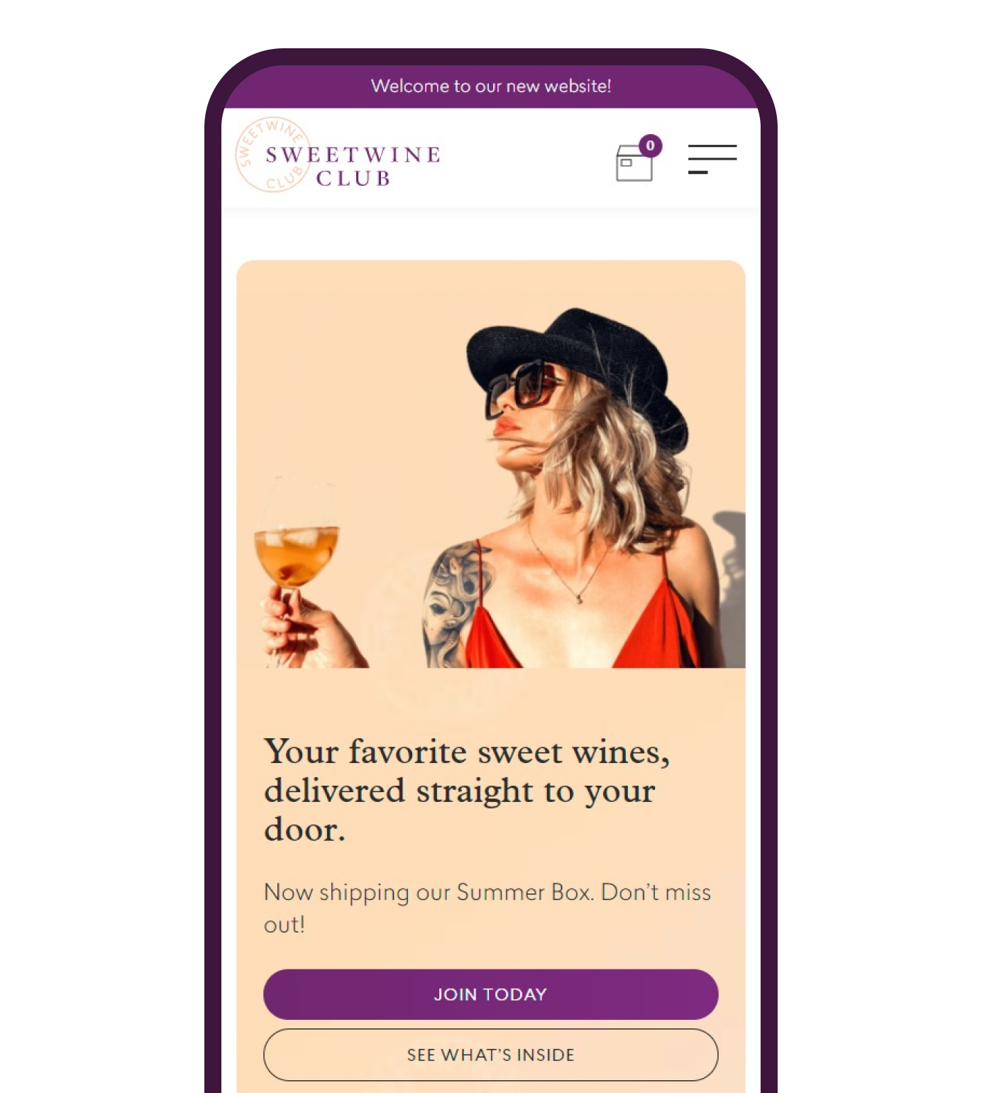 The Sweet Wine Club home page in dark mode on a phone