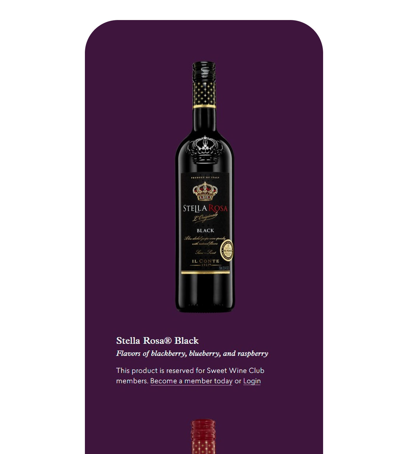 Stella Rosa Black in the Sweet Wine Club shop, in dark mode on a phone