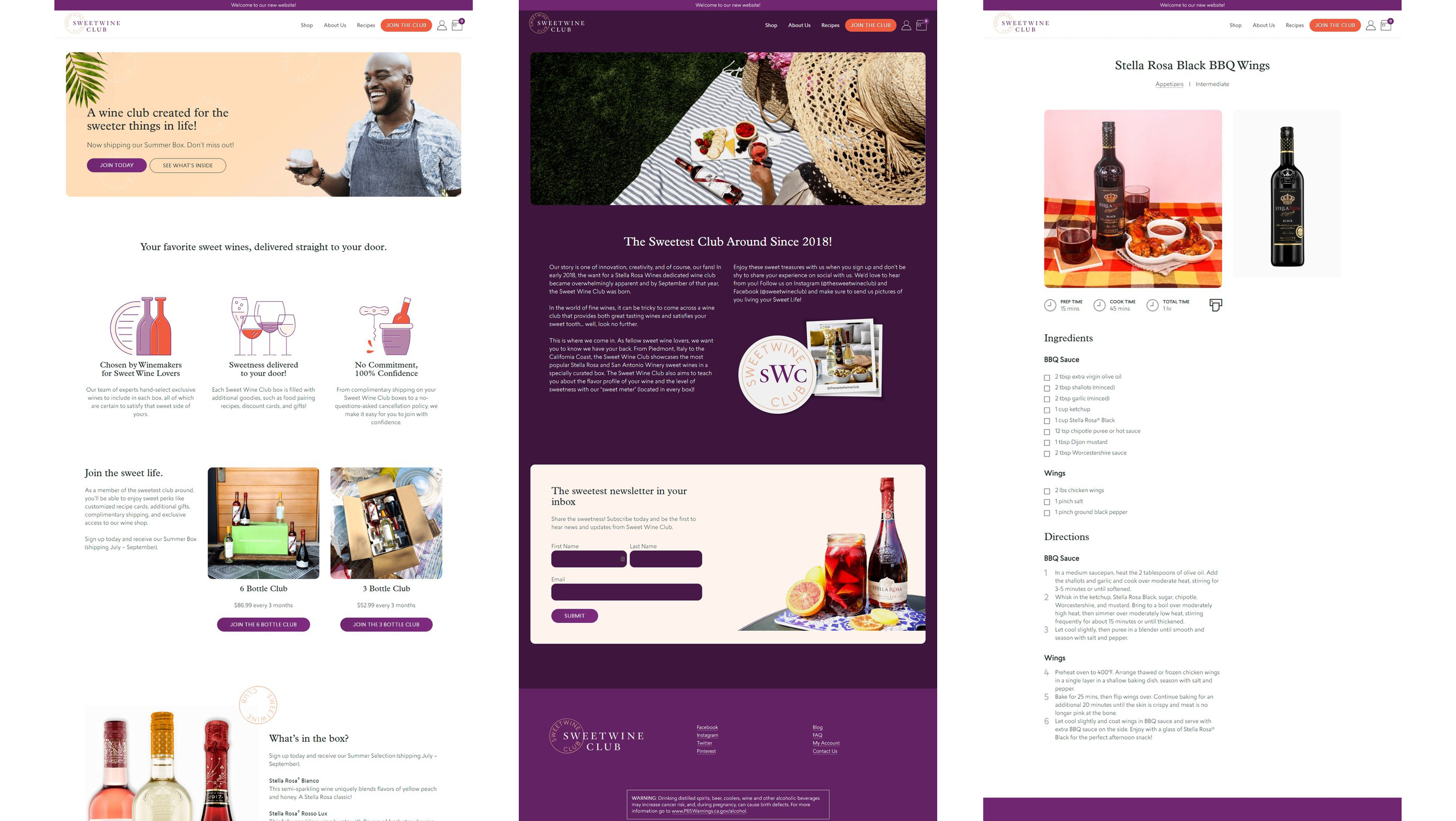 Three Sweet Wine Club pages: the club page in light mode, About in dark mode, and a Stella Rosa Black BBQ Wings recipe