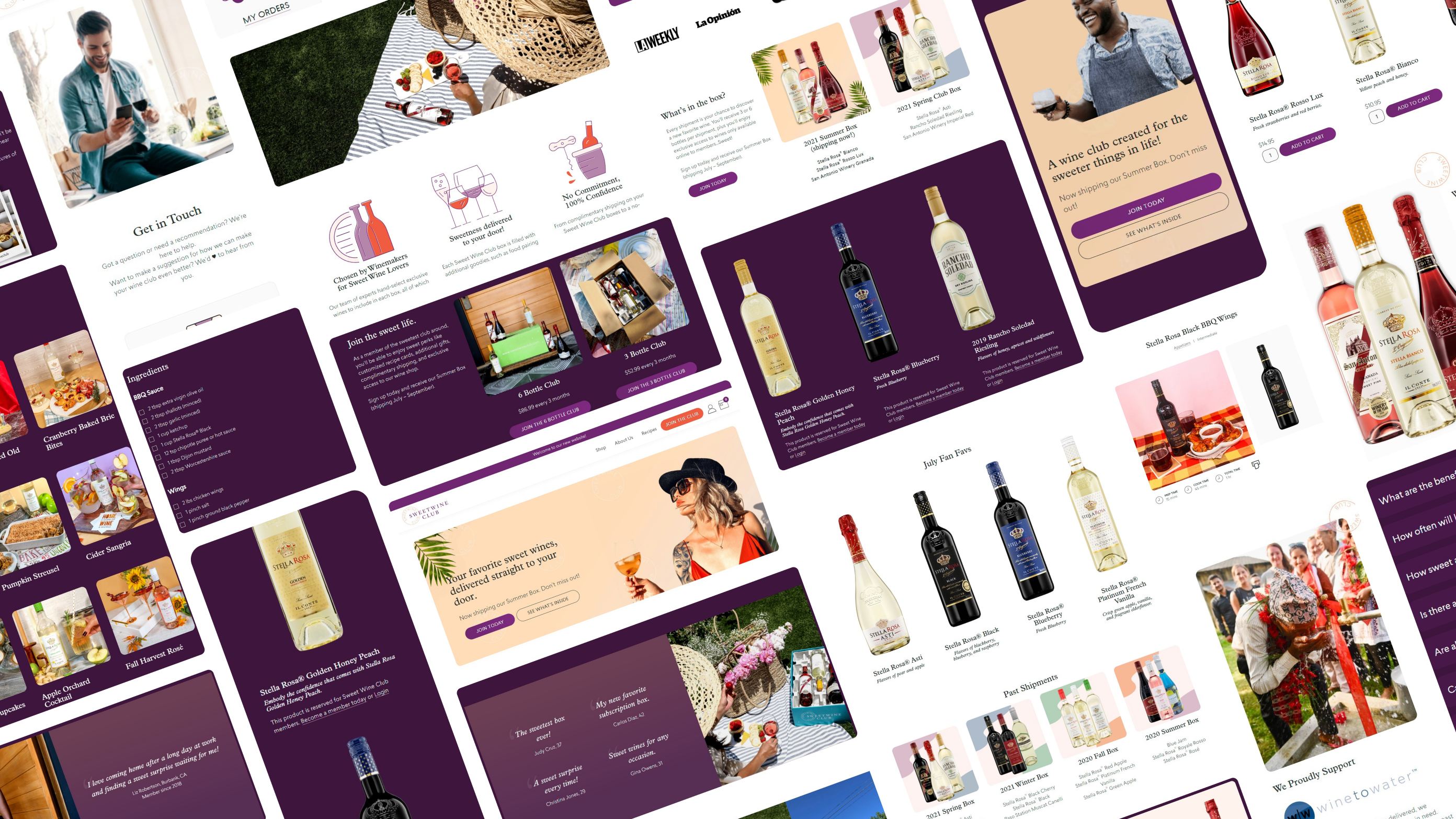 Pieces of the Sweet Wine Club website in light and dark mode, from the home page, the club boxes and the wine shop to recipes, the FAQ and phone screens