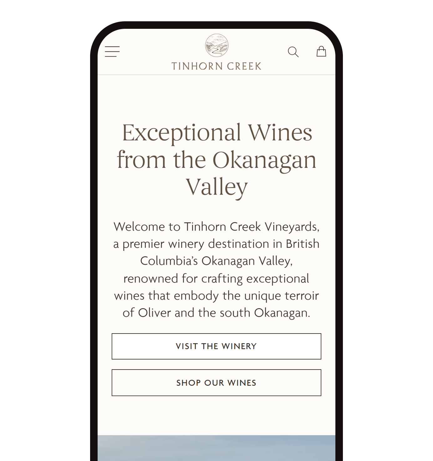The Tinhorn Creek Vineyards home page on a phone