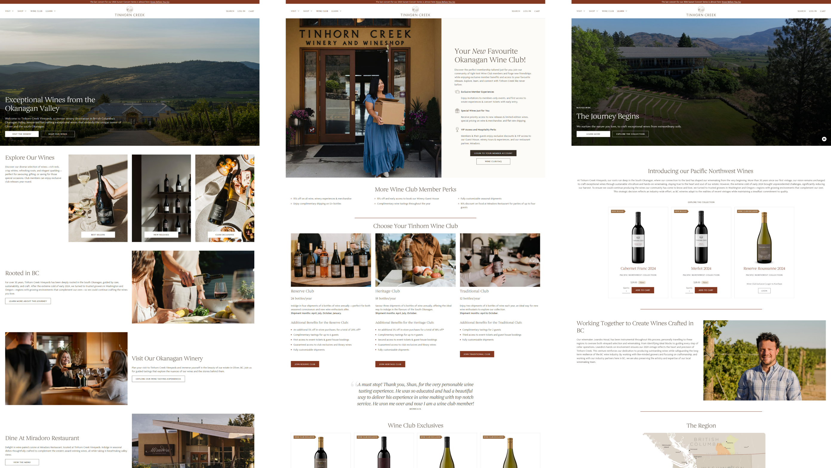 Three Tinhorn Creek Vineyards pages: home, the wine club and Rooted in BC
