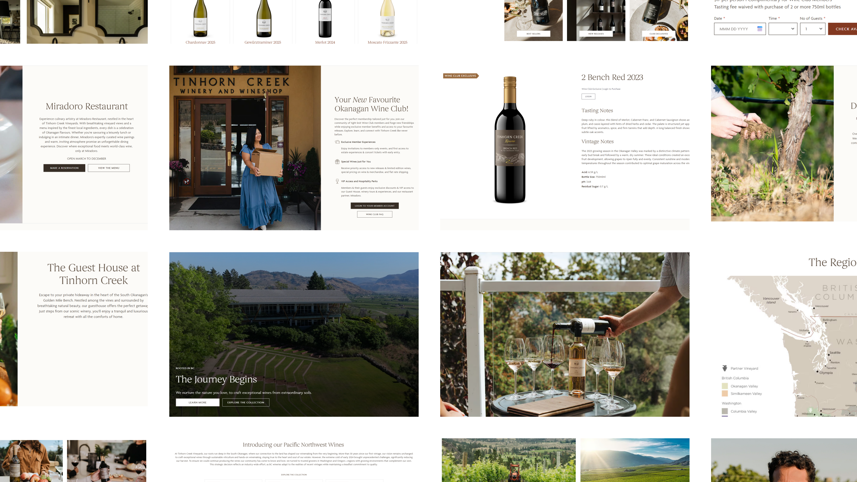Sections of the Tinhorn Creek Vineyards website, from the wine club and Miradoro to the guest house and the region map
