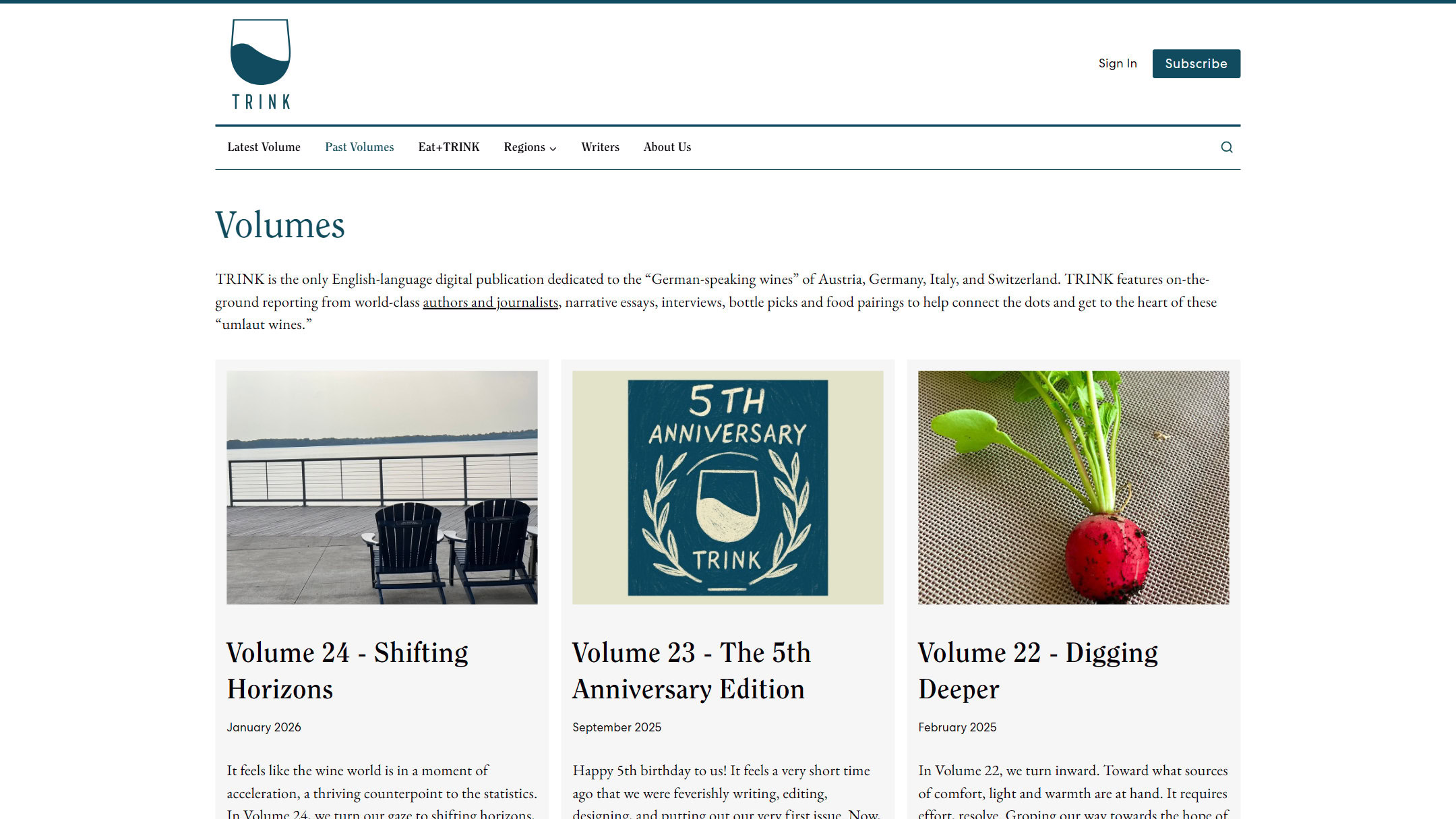 The TRINK Magazine Volumes page now