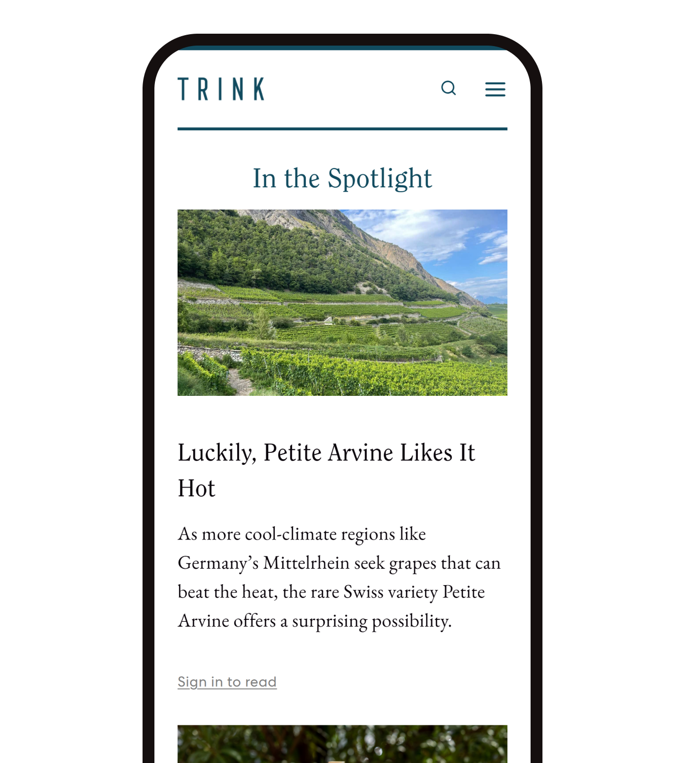 The TRINK Magazine home page on a phone