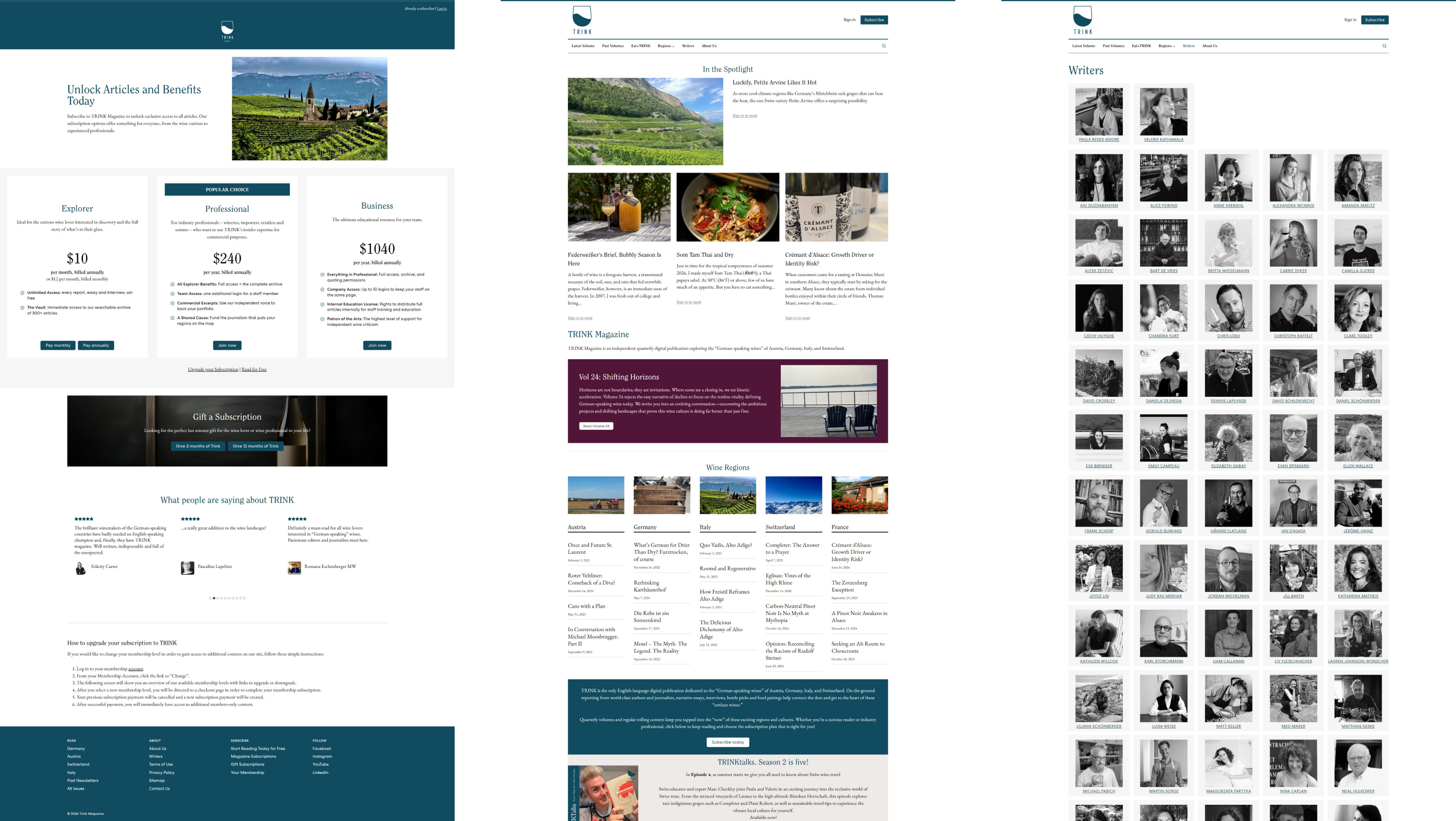 Three TRINK Magazine pages: Subscribe, home and Writers