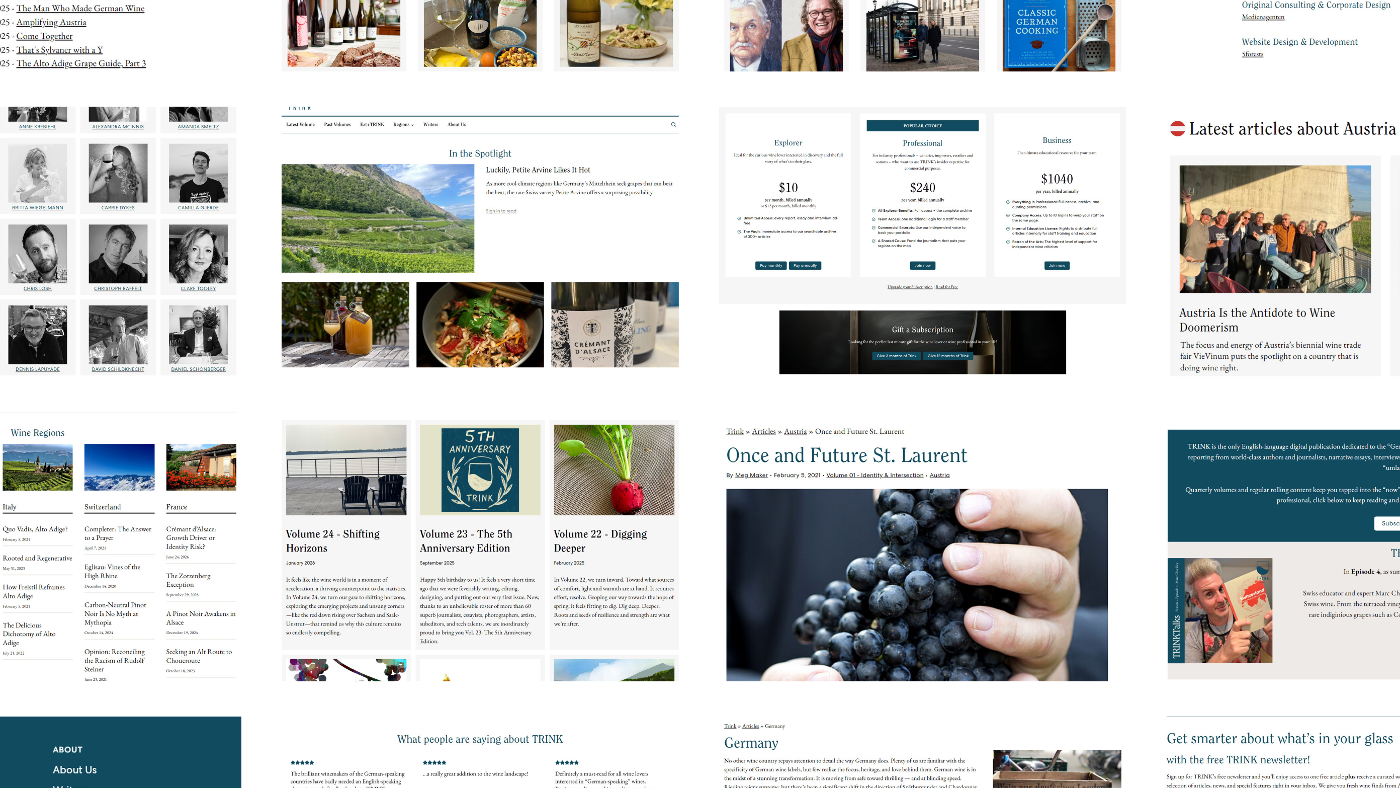 Sections of the TRINK Magazine website, from In the Spotlight and the subscription plans to the volumes, the writers and the regions