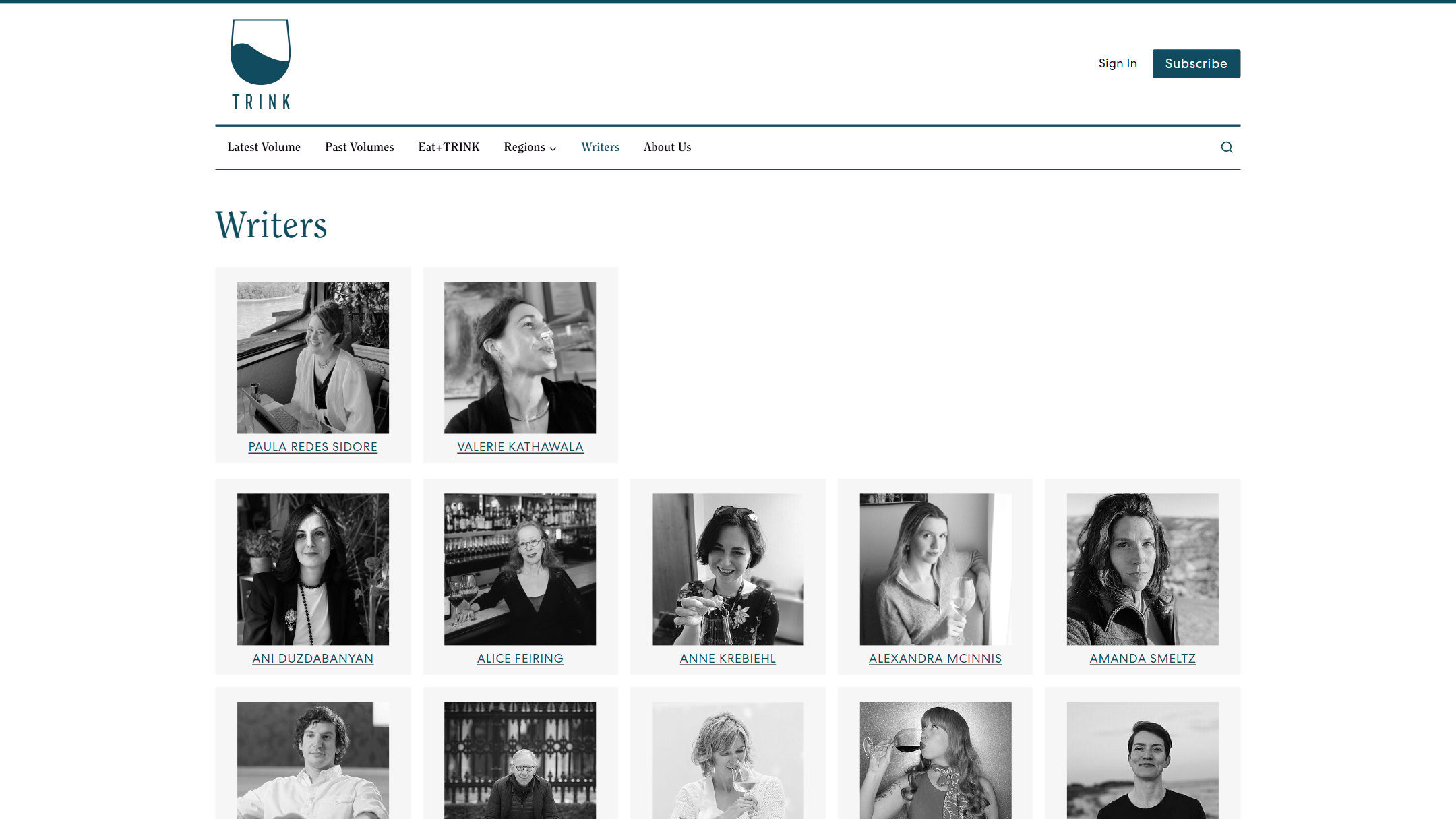 The TRINK Magazine Writers page now, with a portrait for every writer