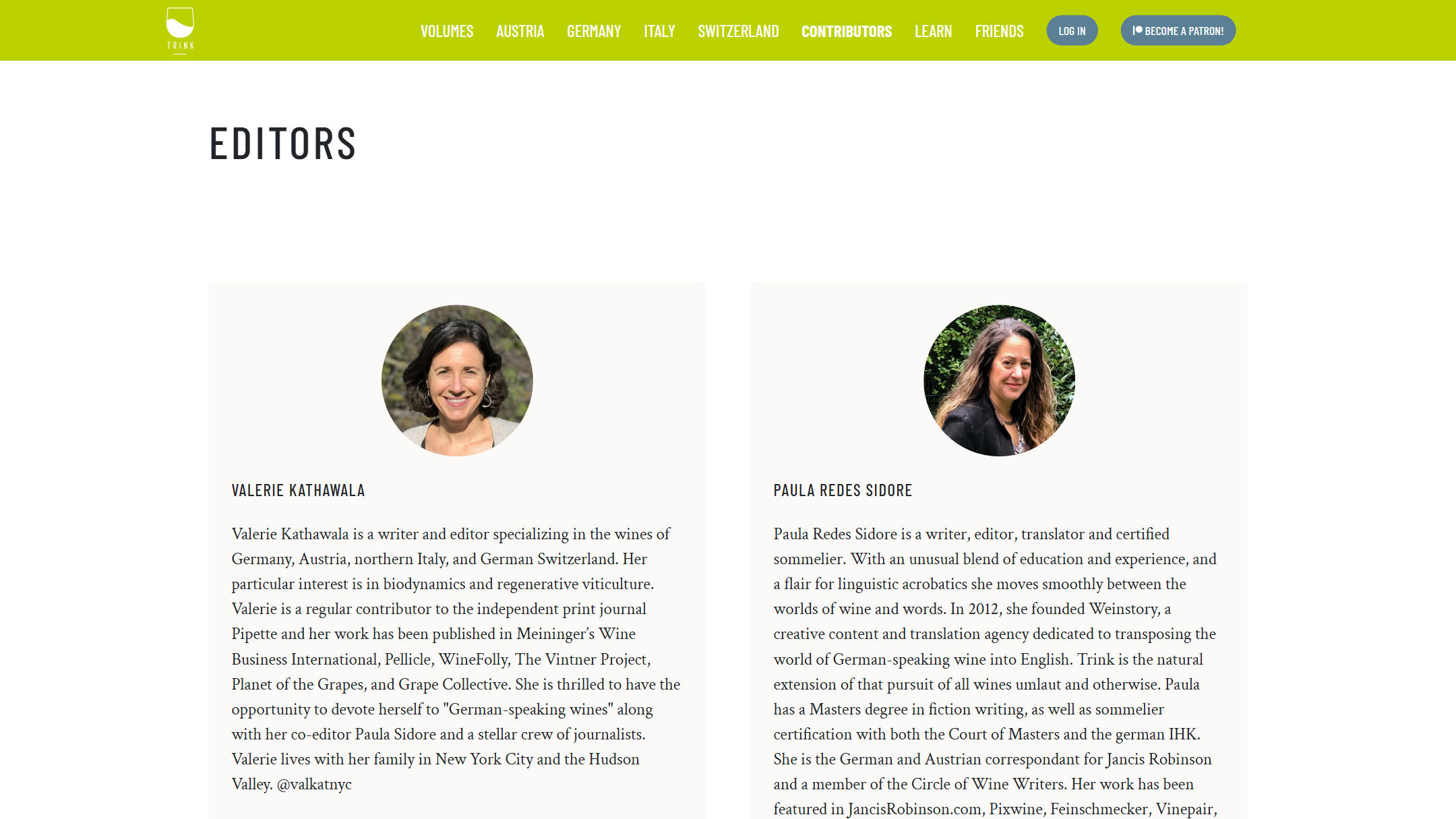 The TRINK Magazine contributors page in March 2023, on the old site: Editors