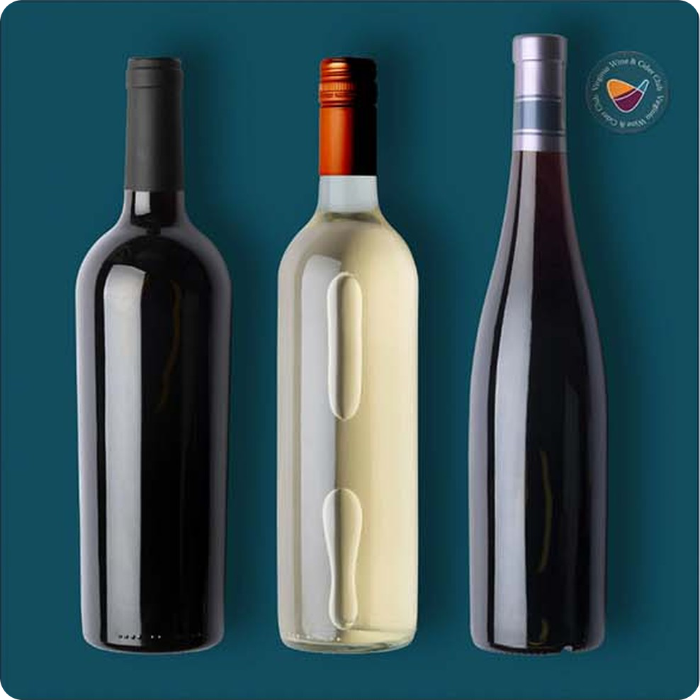 Three wine bottles on the wine club’s teal