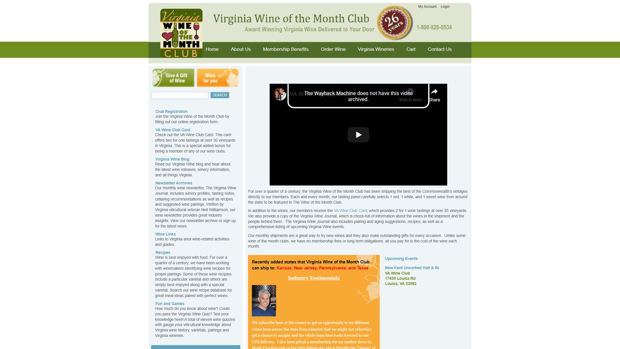 The Virginia Wine of the Month Club home page in June 2020, before the new site
