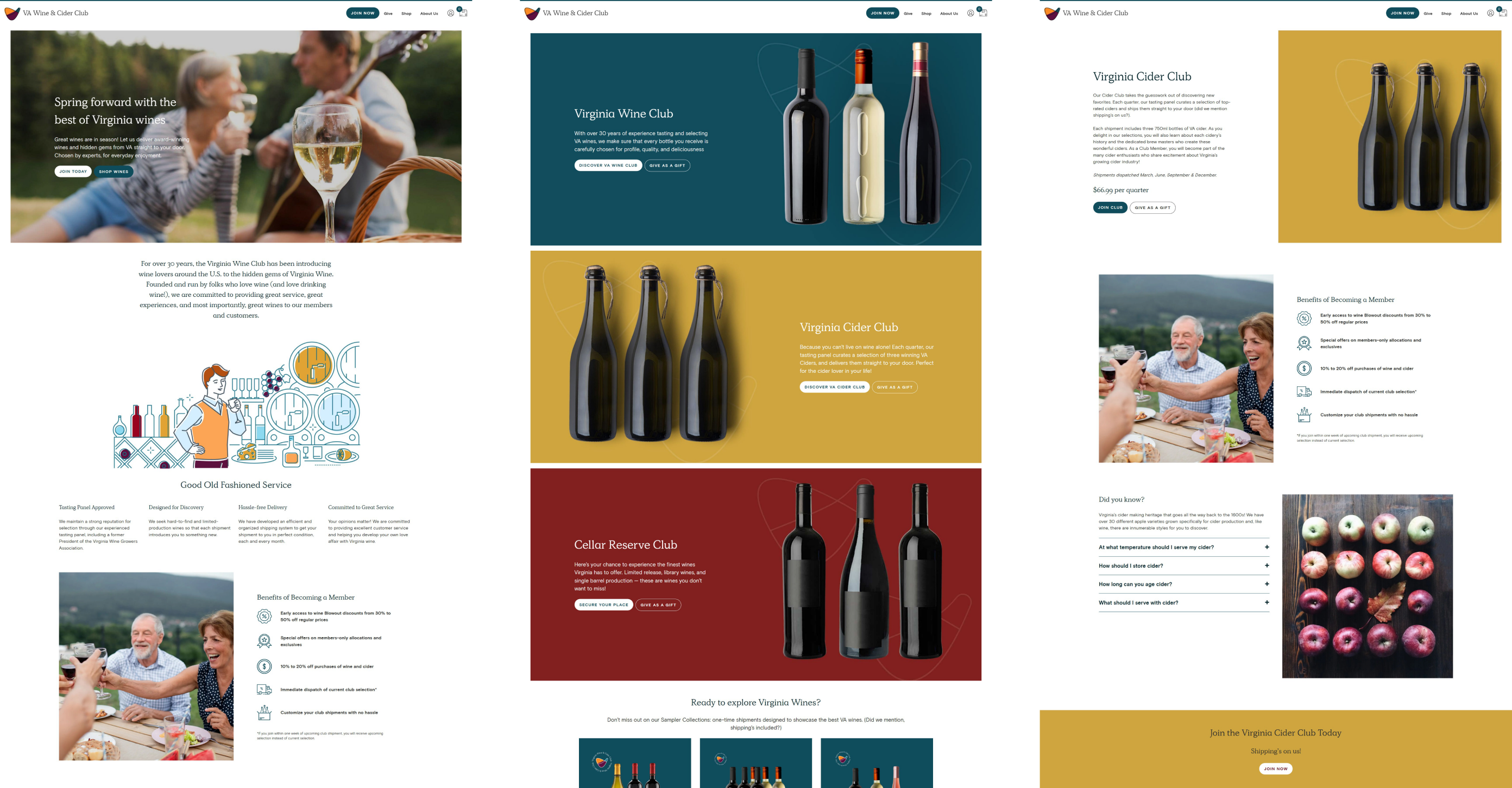 Three VA Wine Club pages: the home page, the club bands for wine, cider and Cellar Reserve, and the Virginia Cider Club