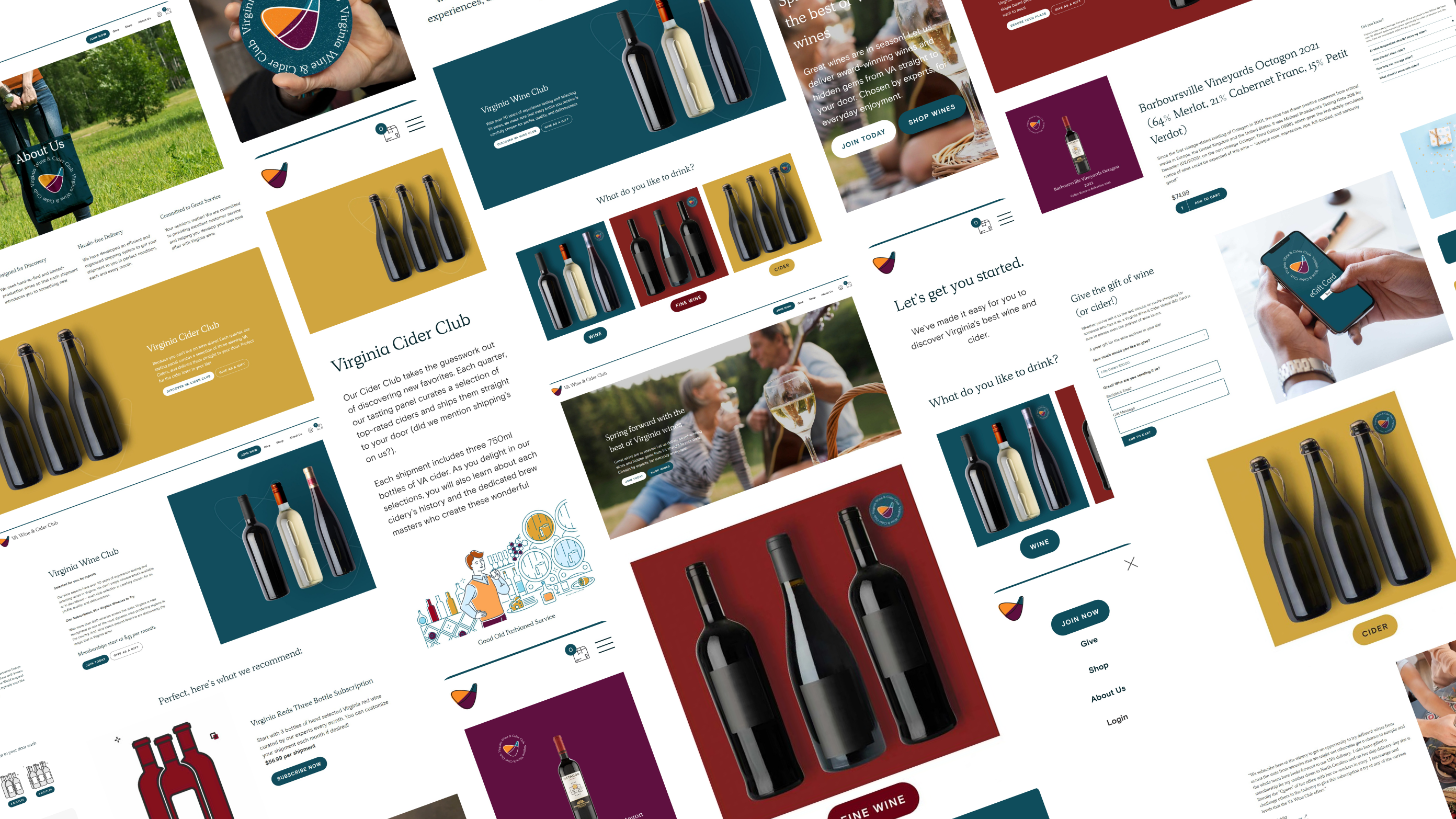 Pieces of the VA Wine Club website and phone screens, from the home page and the club quiz to the clubs, the shop and gift cards
