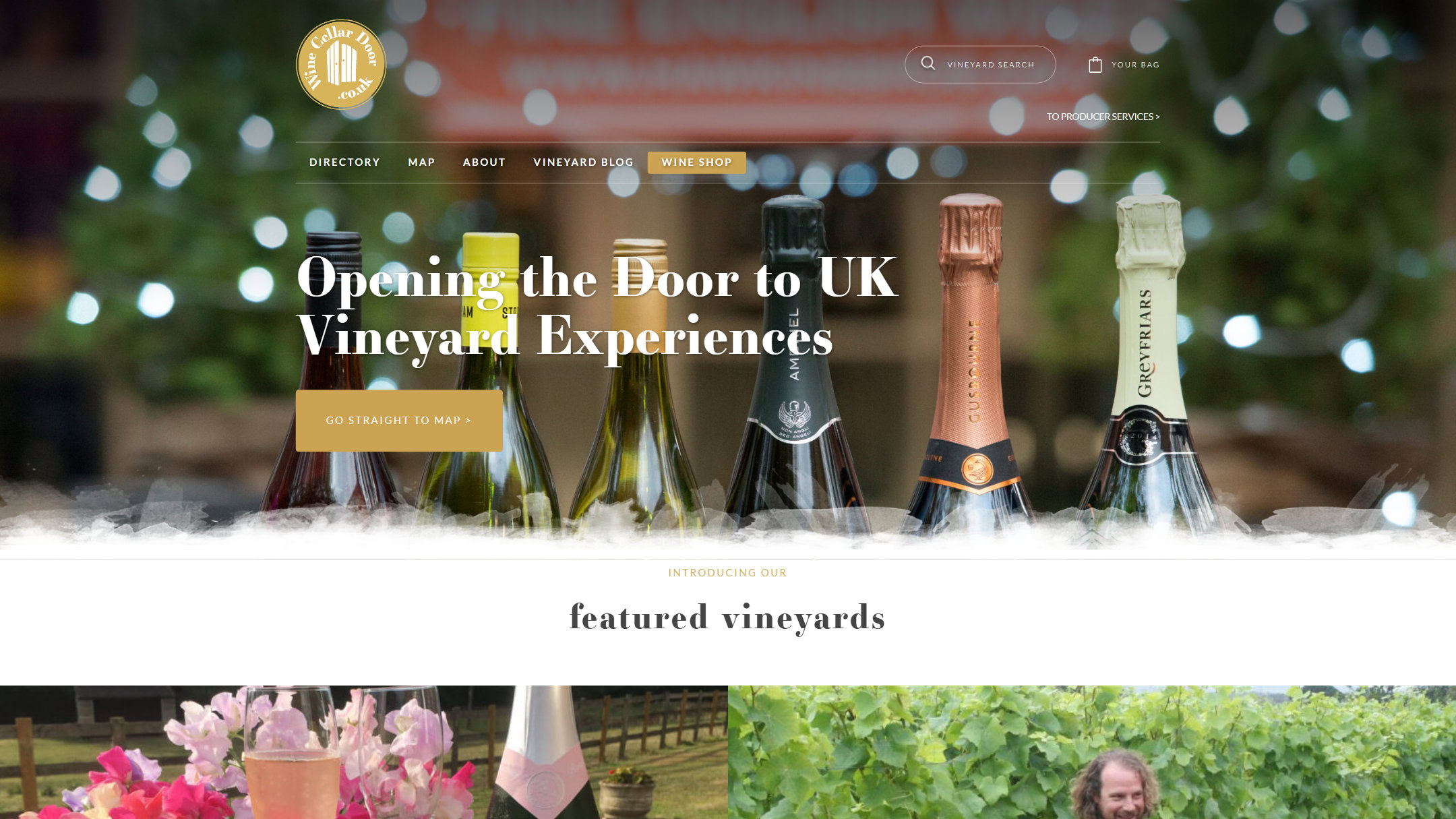 The winecellardoor.co.uk home page in 2023, before the rebrand: Opening the Door to UK Vineyard Experiences