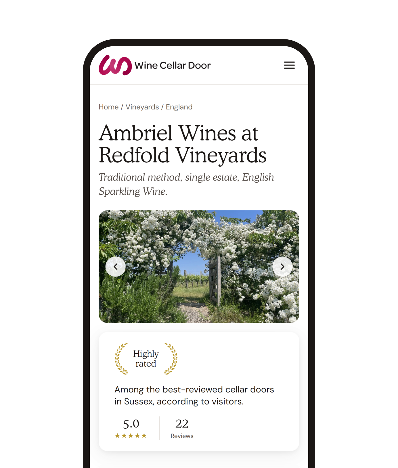 The Ambriel Wines at Redfold Vineyards listing on a phone