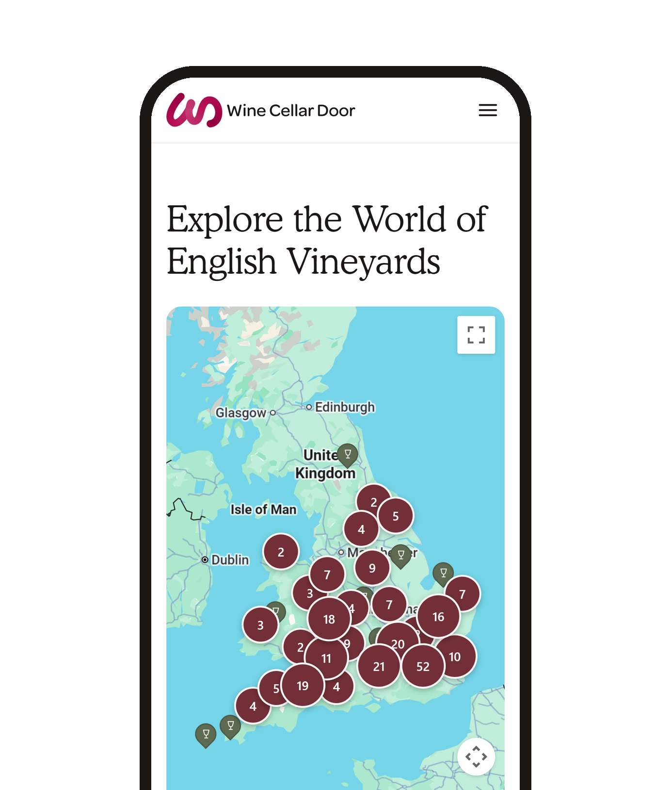 The Wine Cellar Door vineyard map of England and Wales on a phone