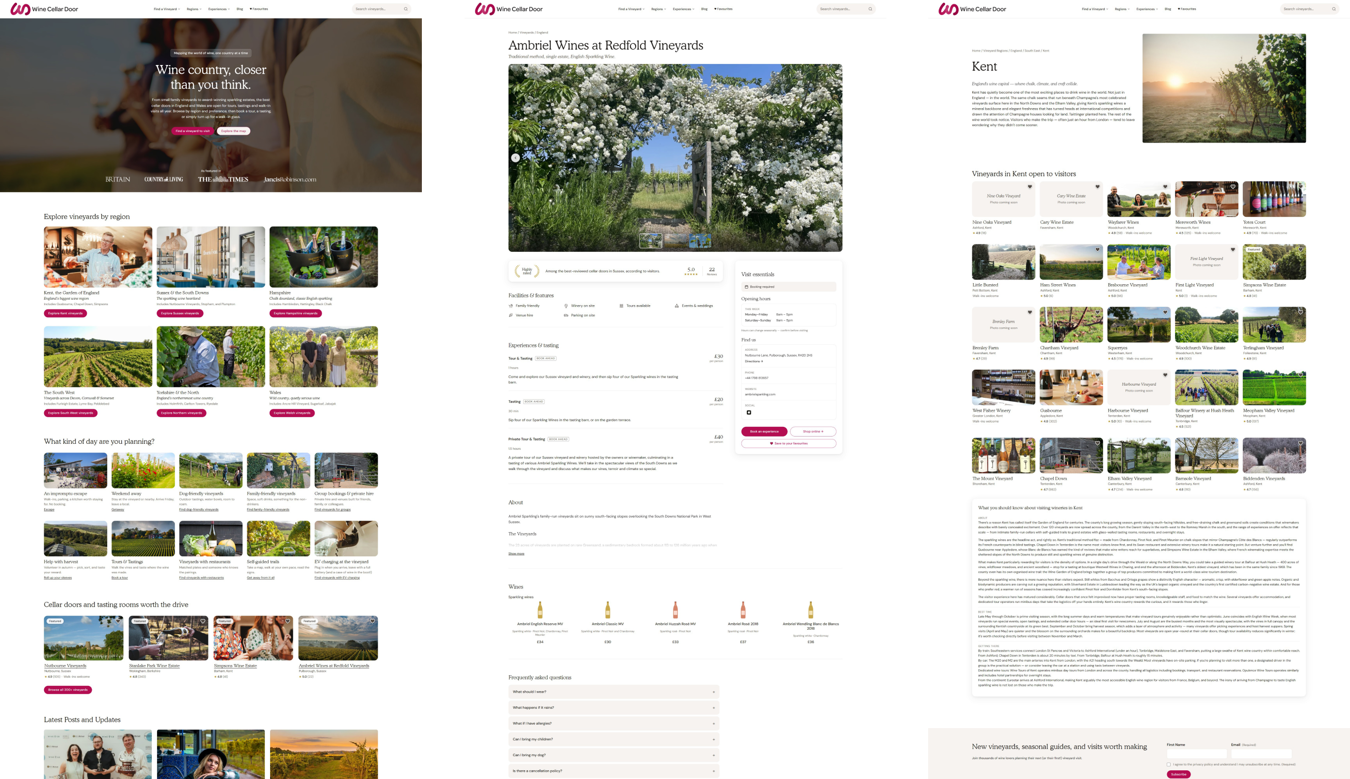Wine Cellar Door website: three long pages, the home page, the Ambriel Wines at Redfold Vineyards listing and the Kent region hub