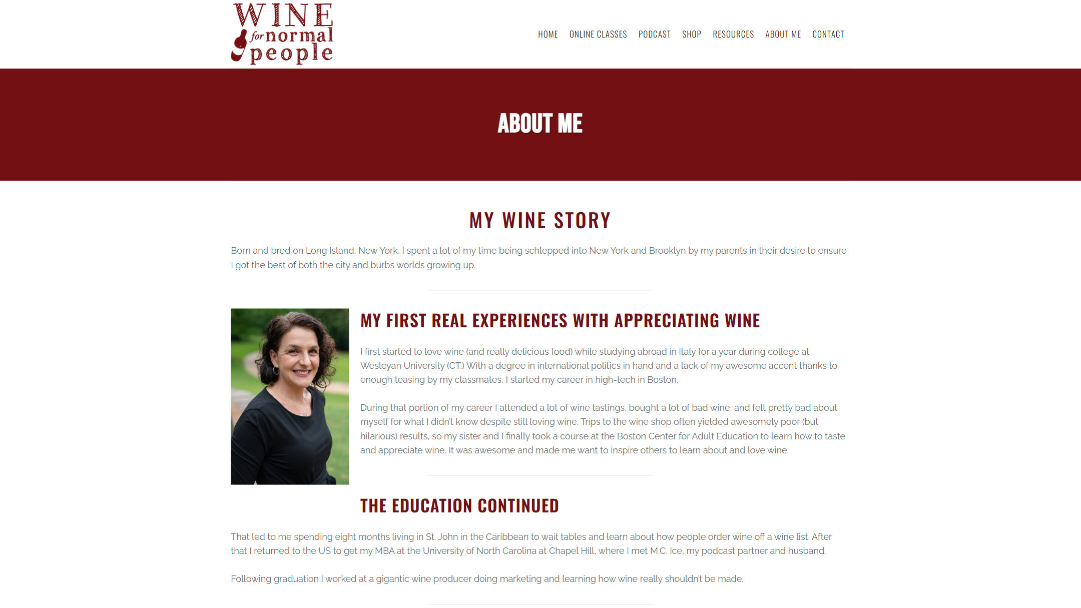 The Wine For Normal People About Me page in March 2023, on the old site: My Wine Story