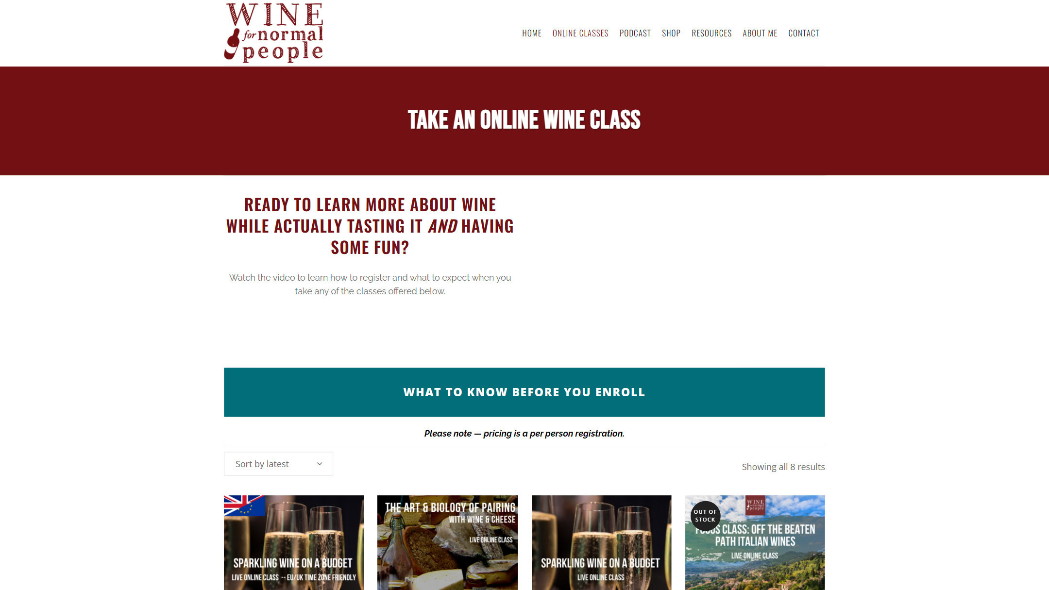 The Wine For Normal People classes page in December 2022, on the old site, with the classes below the introduction