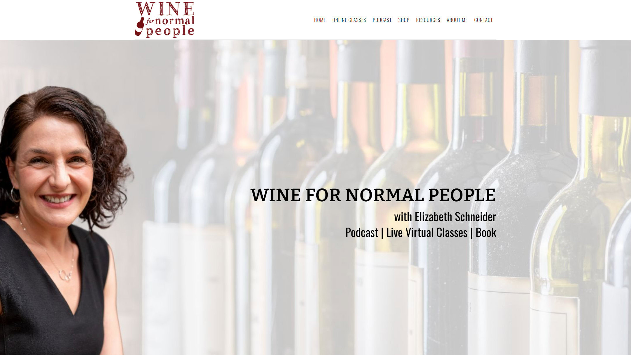 The Wine For Normal People home page in April 2023, on the old site: Podcast, Live Virtual Classes and Book over a wall of bottles