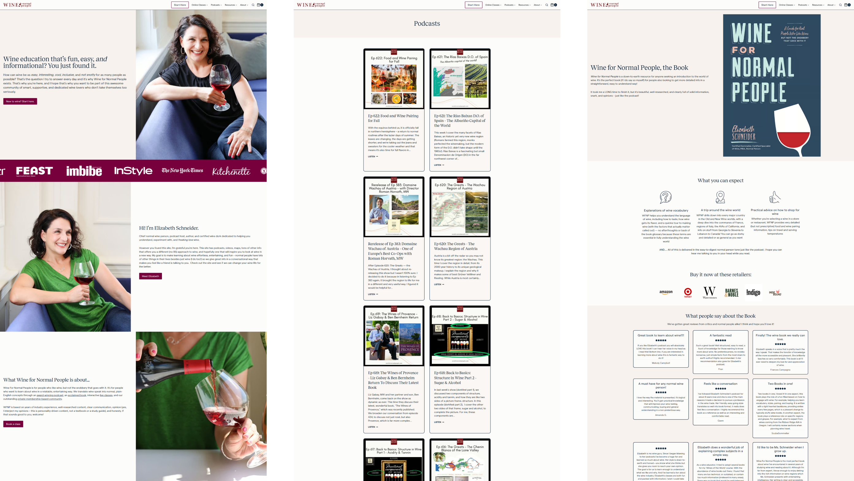 Three Wine For Normal People pages: home, the podcast and the book