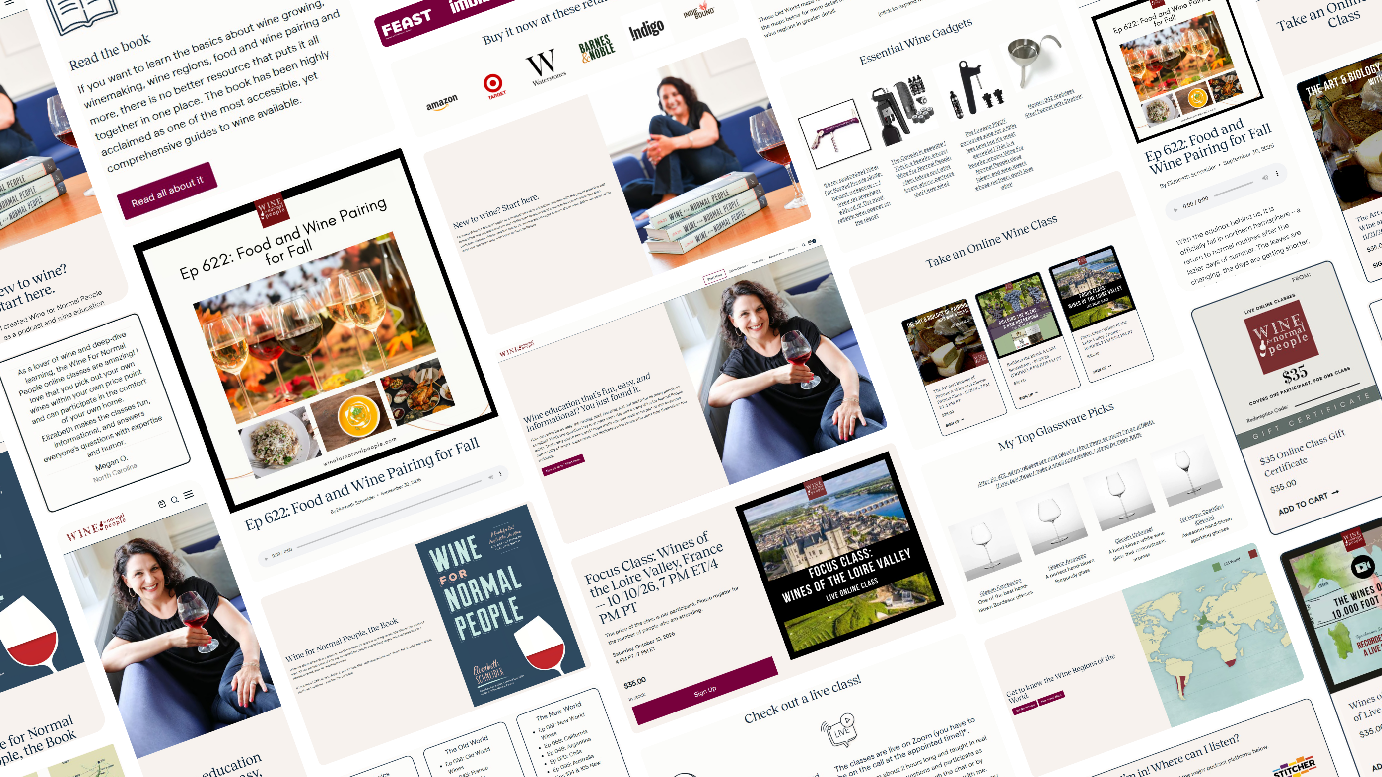 Pieces of the Wine For Normal People website and phone screens, from the home page and the online classes to the podcast, the book and the maps
