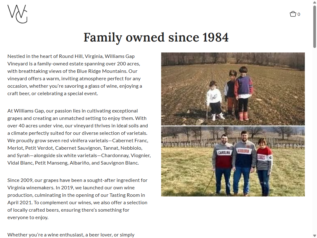 The About page on a tablet, headed "Family owned since 1984", with photographs of the family in the vineyard beside the estate's history in Round Hill, Virginia.