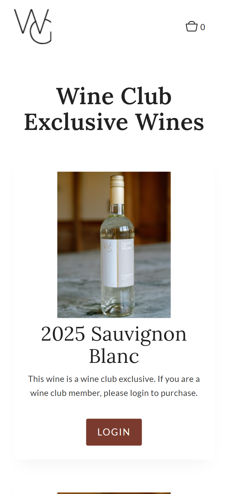 The Wine Club Exclusive Wines page on a phone, showing the 2025 Sauvignon Blanc with a note that members log in to buy it.