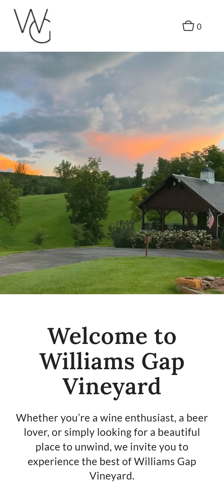 The Williams Gap home page on a phone: the hillside pavilion at sunset above the welcome heading and introduction.