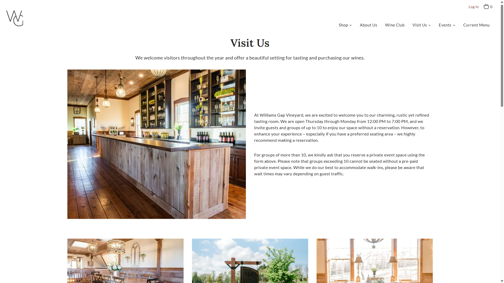 The Visit Us page on desktop: the rustic tasting room with a wooden bar and shelves of bottles, beside the opening hours and reservation advice for groups.