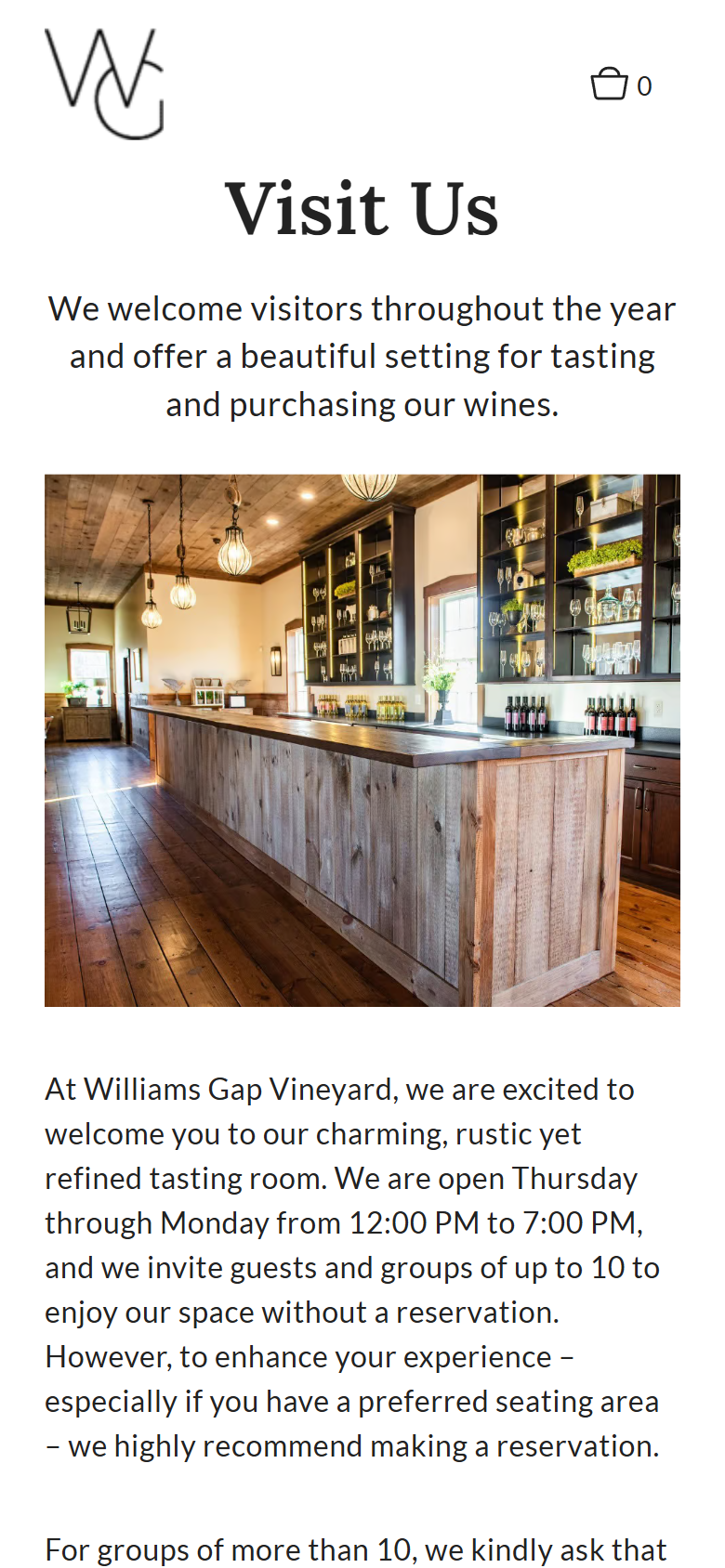 The Visit Us page on a phone: the tasting room bar above the opening hours, Thursday to Monday.