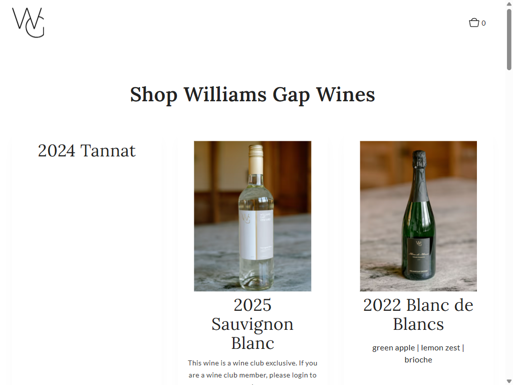 The Shop Williams Gap Wines page on a tablet, showing the 2025 Sauvignon Blanc and the 2022 Blanc de Blancs.