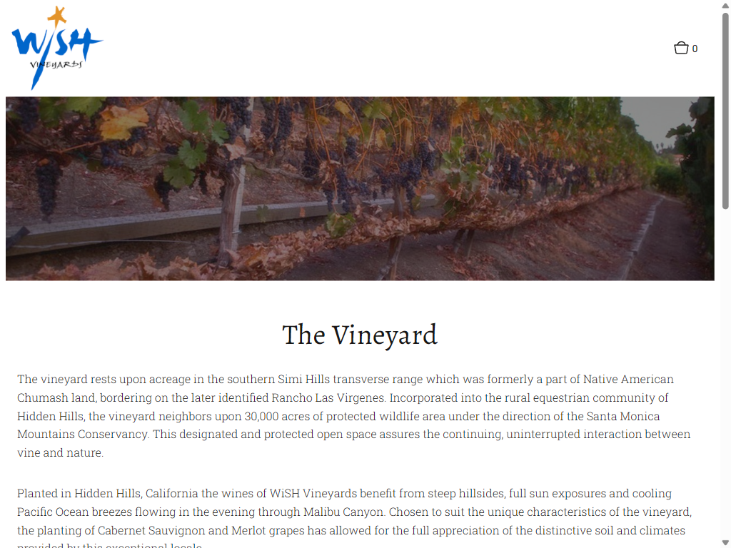 The Vineyard page on a tablet: vine rows in red soil, above the story of the estate in the Simi Hills of Hidden Hills, California.